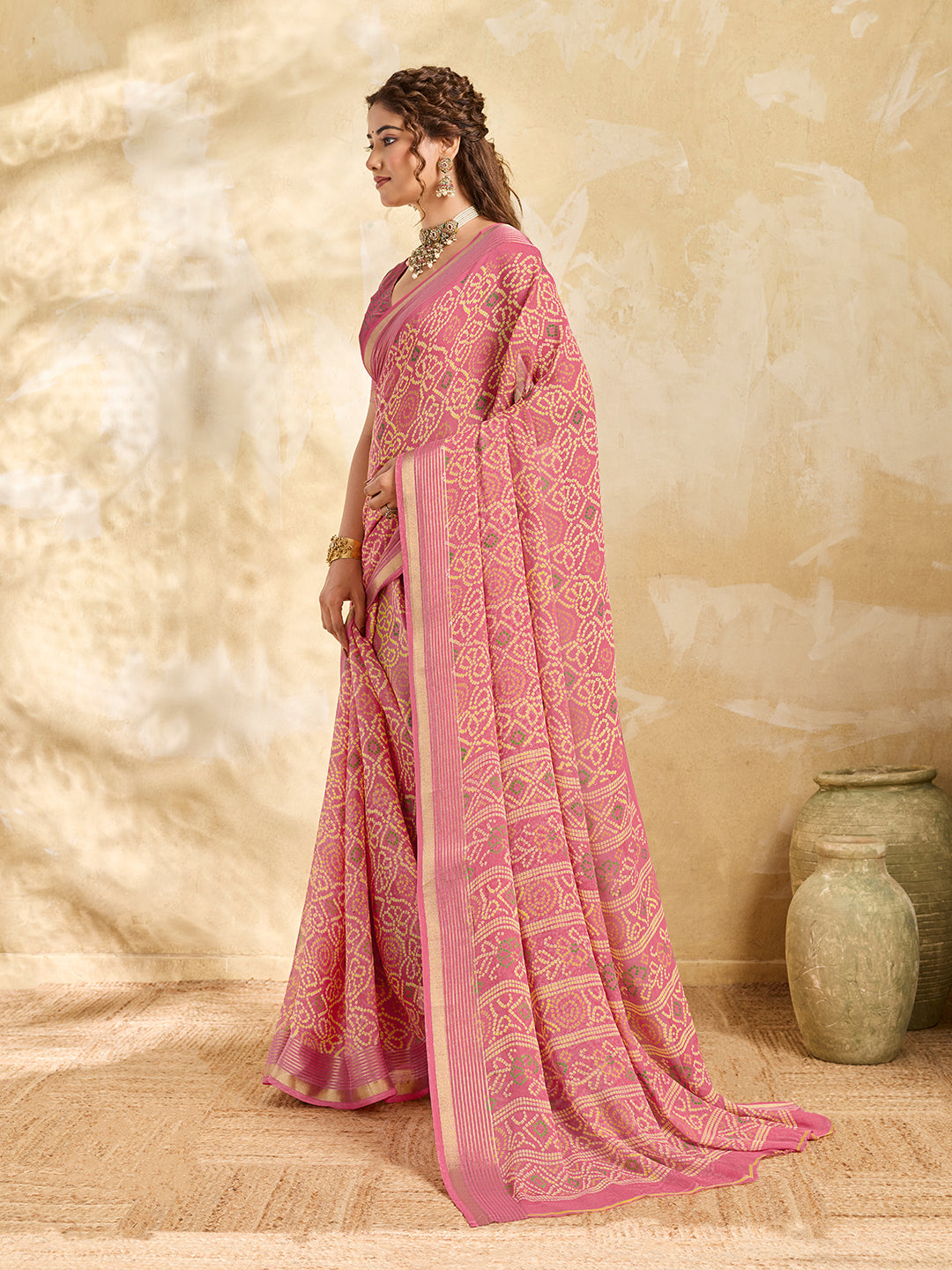 Tanmira New Premium Chiffon Bandhani Saree with Woven Thread Border KDN