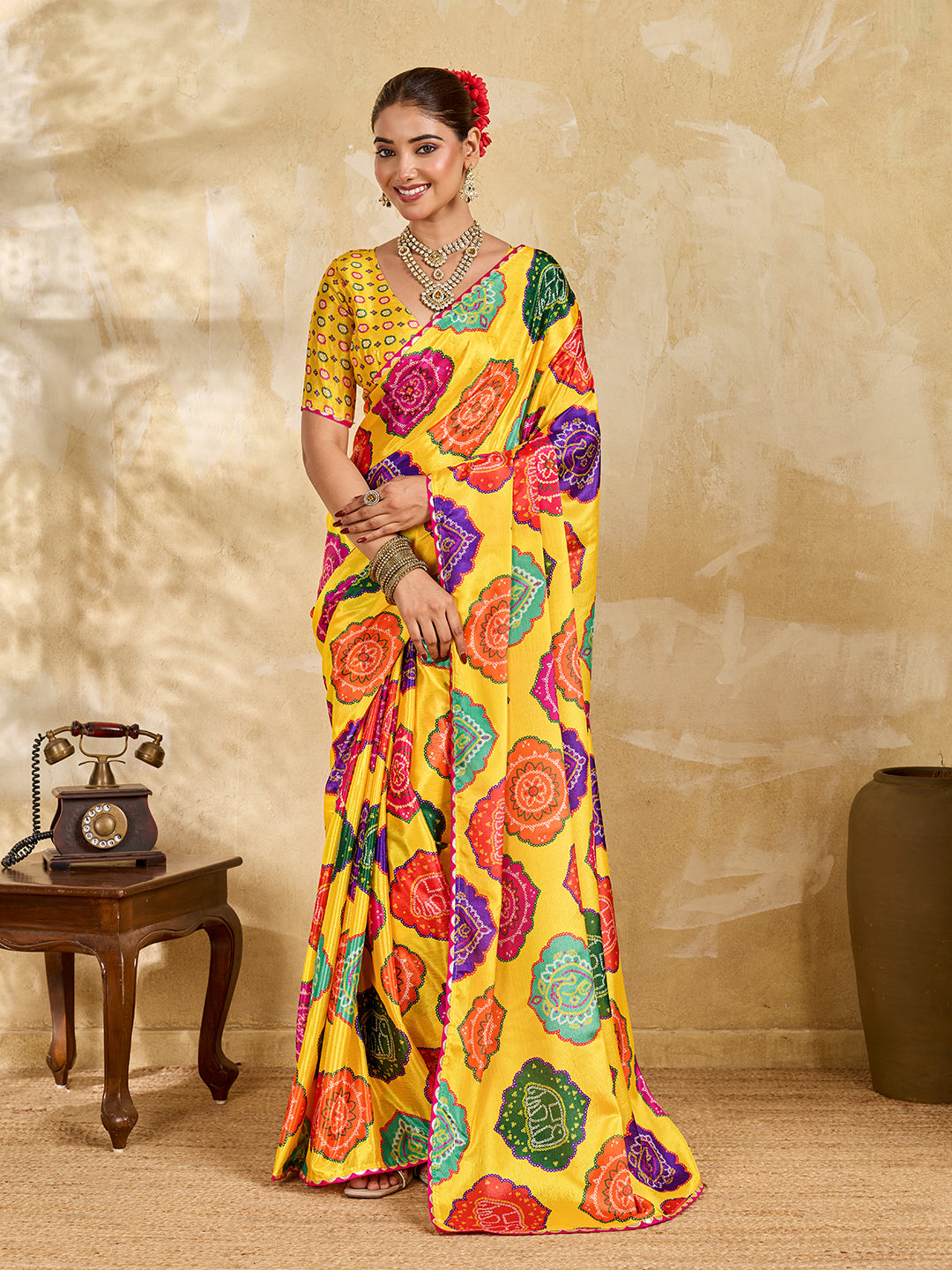 Tanmira New Arrival Crape Bandhani Multicolor Saree with Gotapatti Border