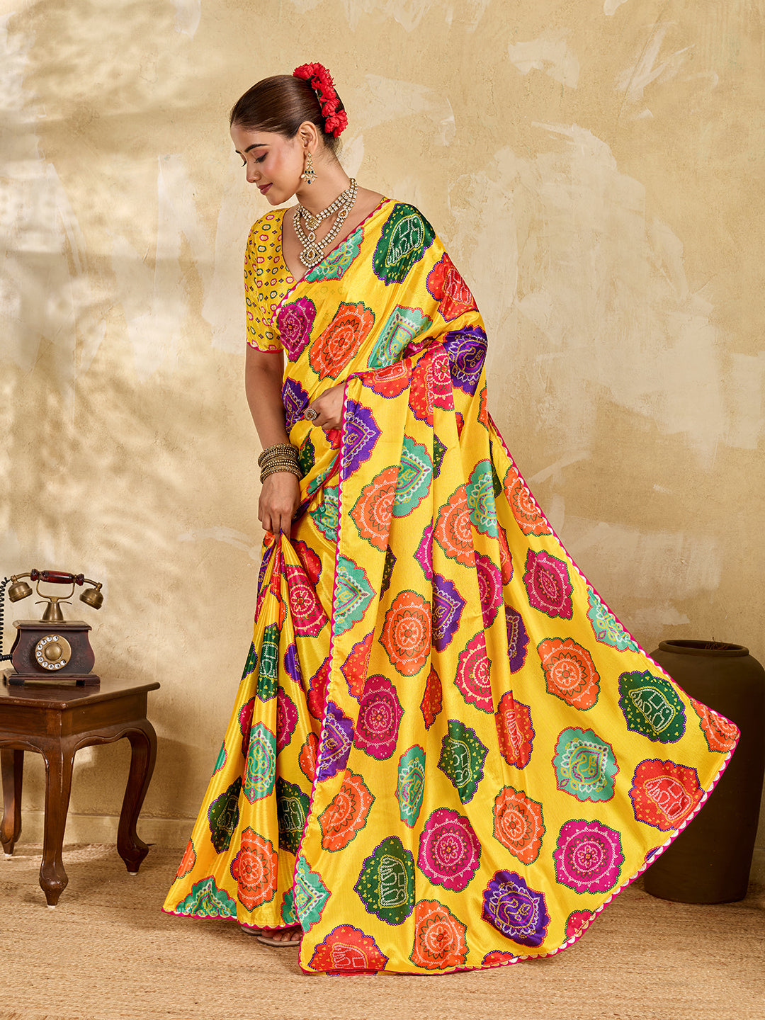 Tanmira New Arrival Crape Bandhani Multicolor Saree with Gotapatti Border