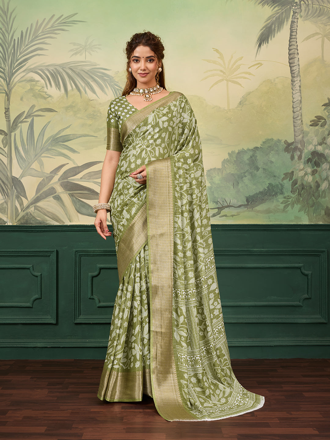 Tanmira New Classic Printed Cotton Silk Saree with Golden Zari Border STL