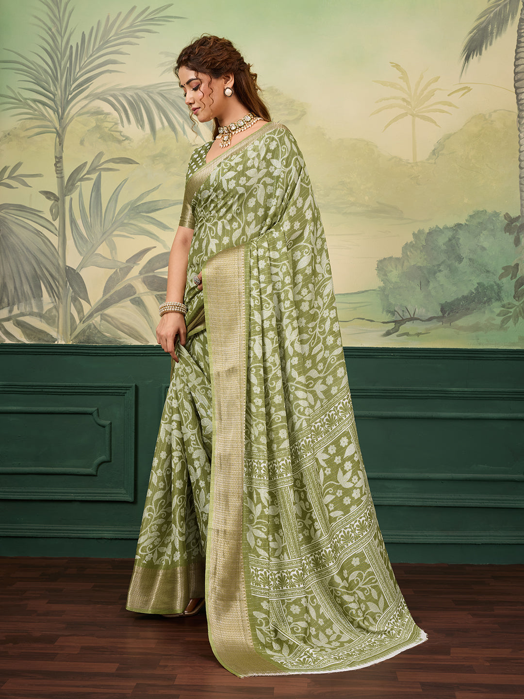 Tanmira New Classic Printed Cotton Silk Saree with Golden Zari Border STL