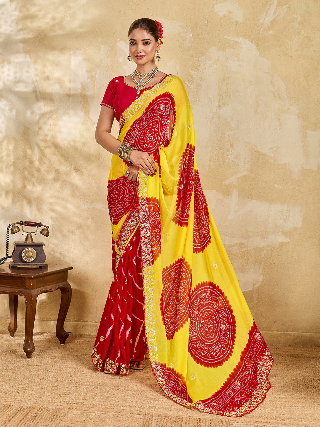 Tanmira New Moss Chiffon Bandhani Style Saree with Pittan Work STL