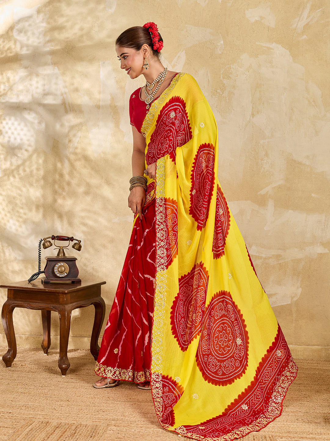 Tanmira New Moss Chiffon Bandhani Style Saree with Pittan Work STL