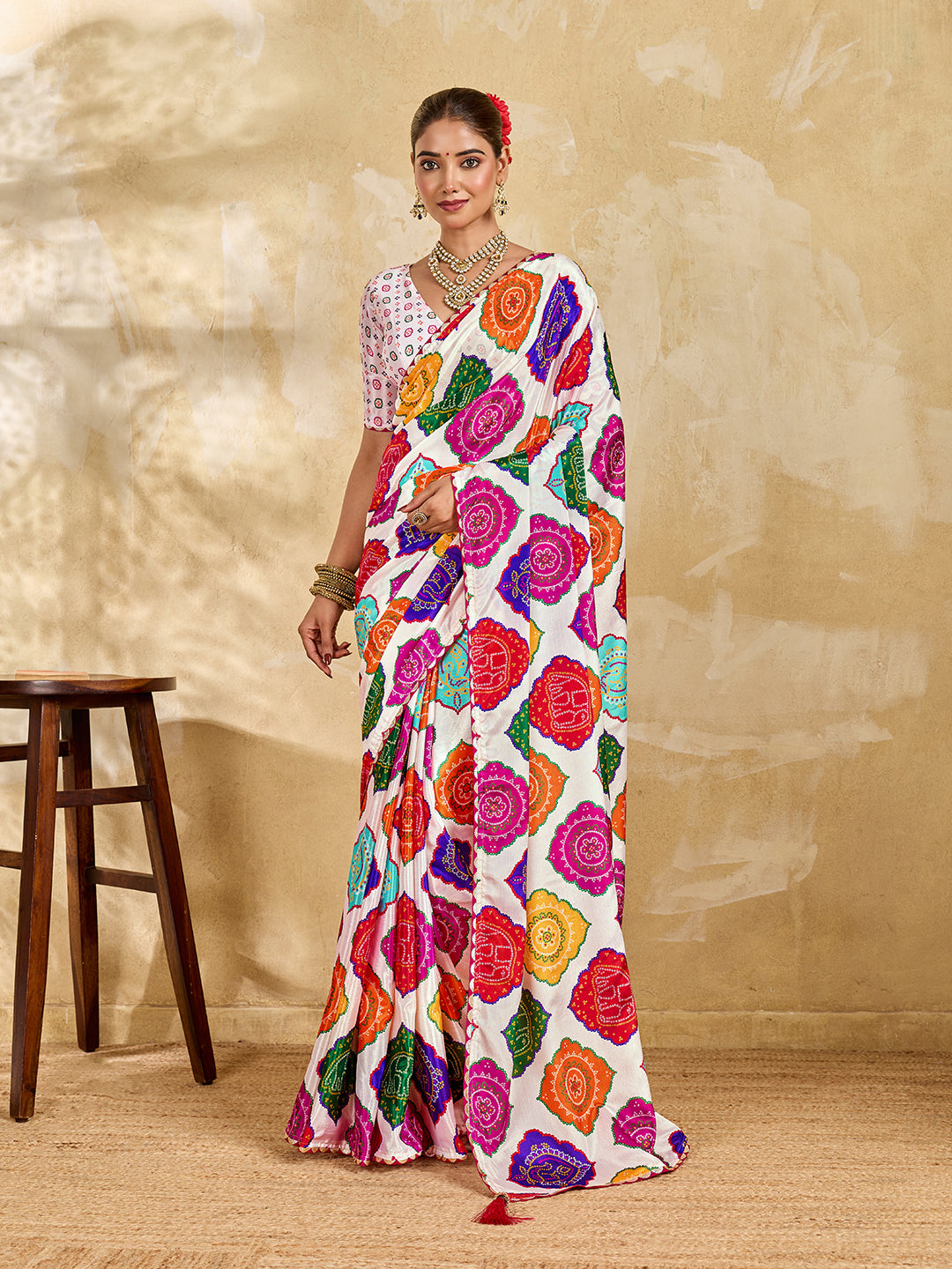 Tanmira Arrival Crape Bandhani Multicolor Saree with Gotapatti Border SANA