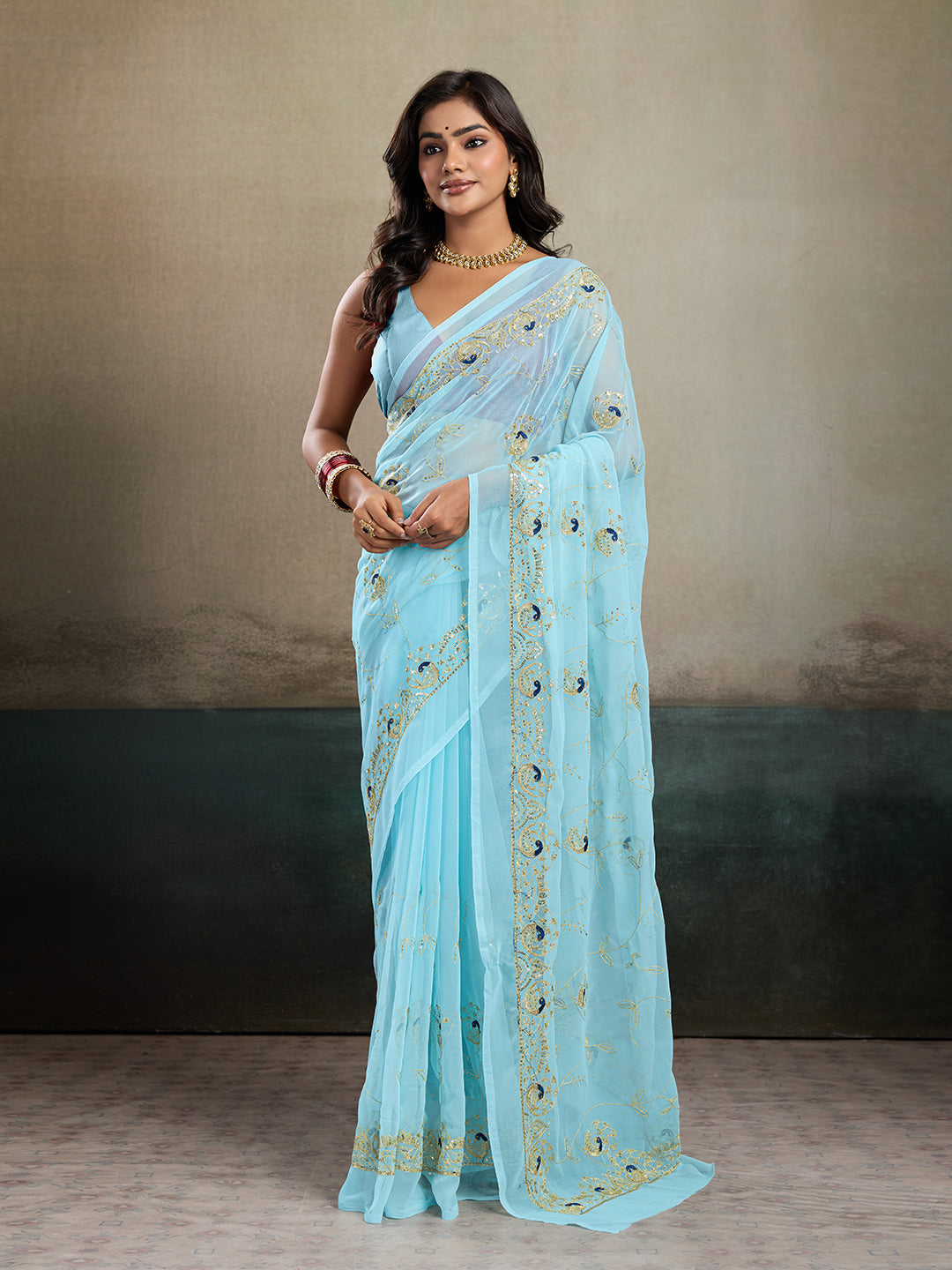 Tanmira New Traditional Designer Style Georgette Saree with Handcrafted Aari Tari Work JAY