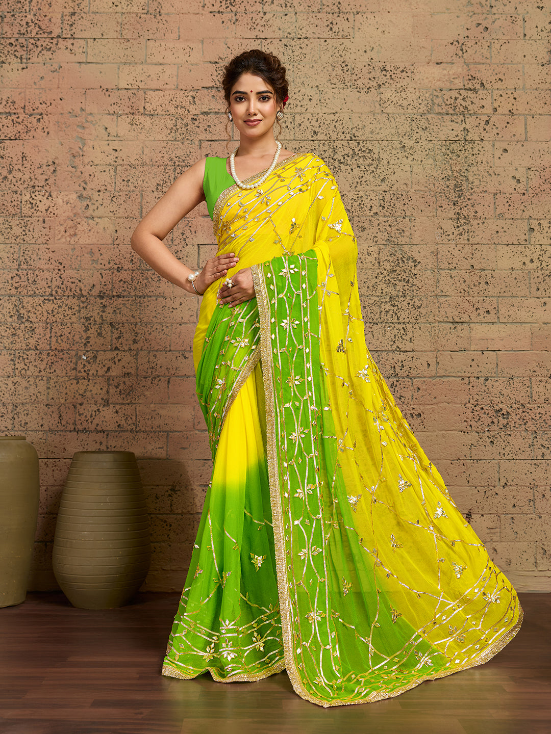 Tanmira Pure Najmeen Chiffon Jaipur Hand Dye Saree with Gota Patti Work MHS