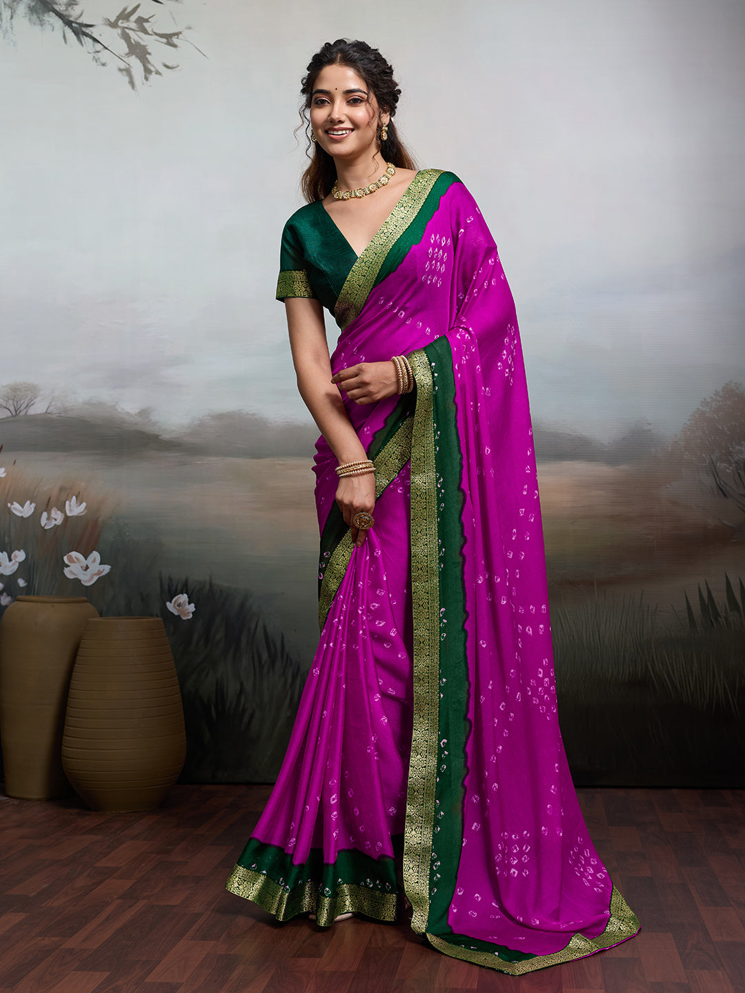 Tanmira New Moss Chiffon Georgette Bandhani Sarees Rani Green