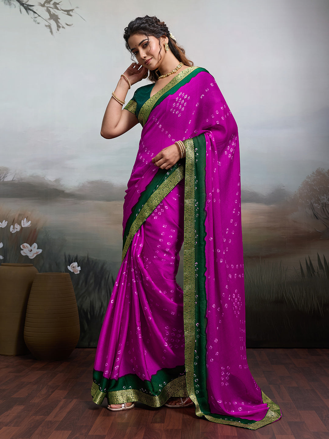 Tanmira New Moss Chiffon Georgette Bandhani Sarees Rani Green