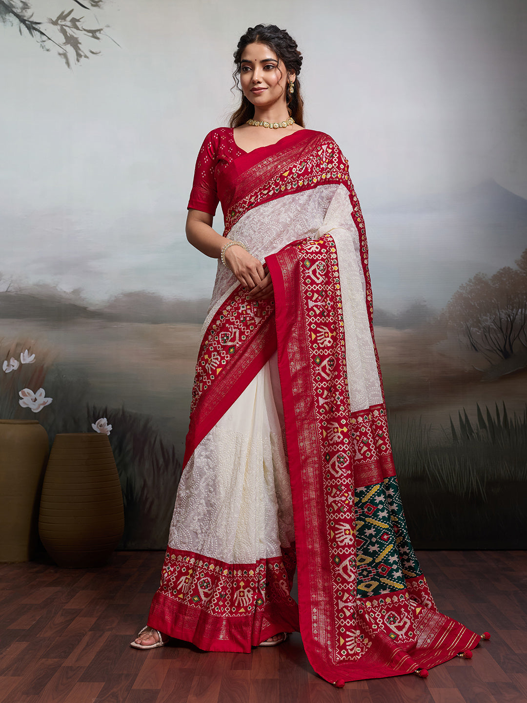 Tanmira Pure Georgette Chikankari Work Patola Handprint Saree With Blouse STR