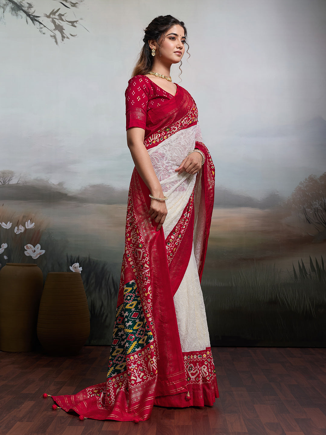 Tanmira Pure Georgette Chikankari Work Patola Handprint Saree With Blouse STR
