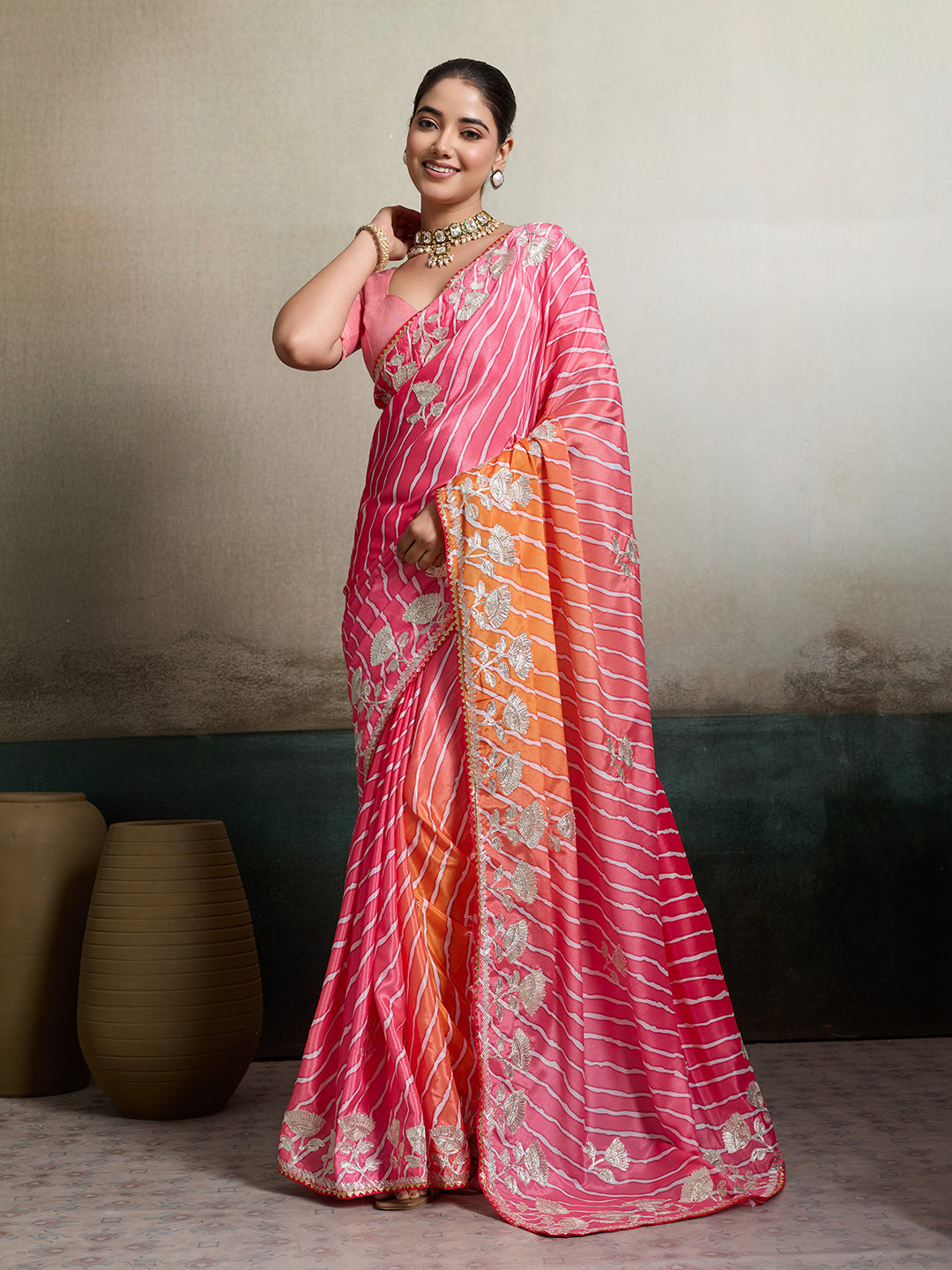 Tanmira Latest Satin Silk Multicolored Tifli Leheriya Gotapatti work Saree 2