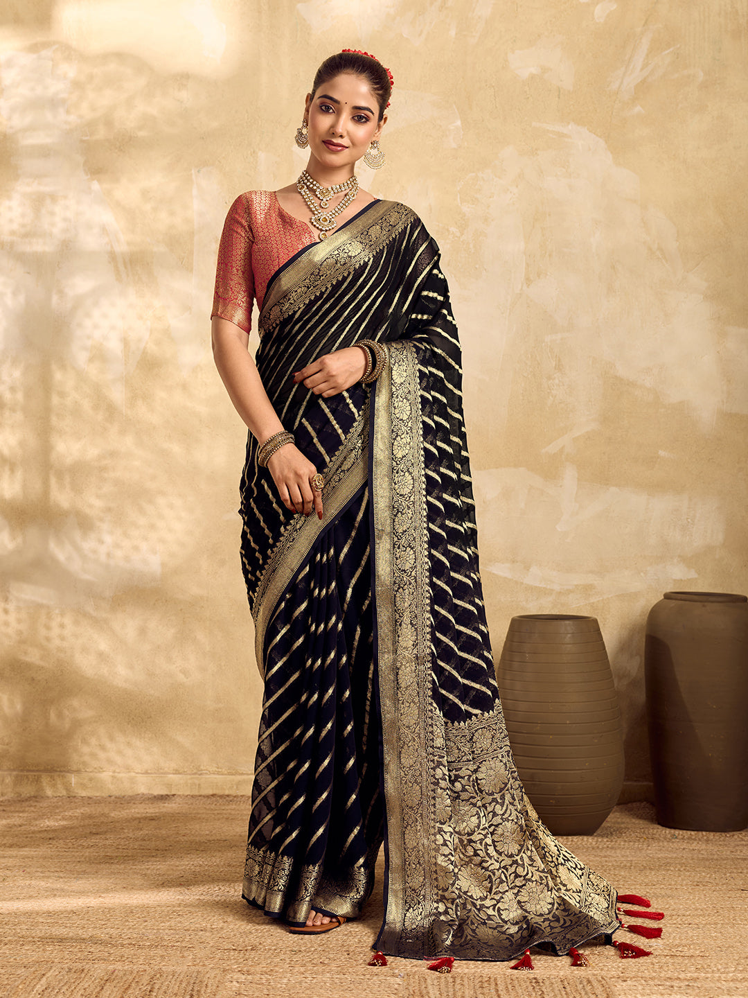 Tanmira New Pure khaddi Georgette Banarasi Handloom Leheriya Zari Weaving Saree MAHA