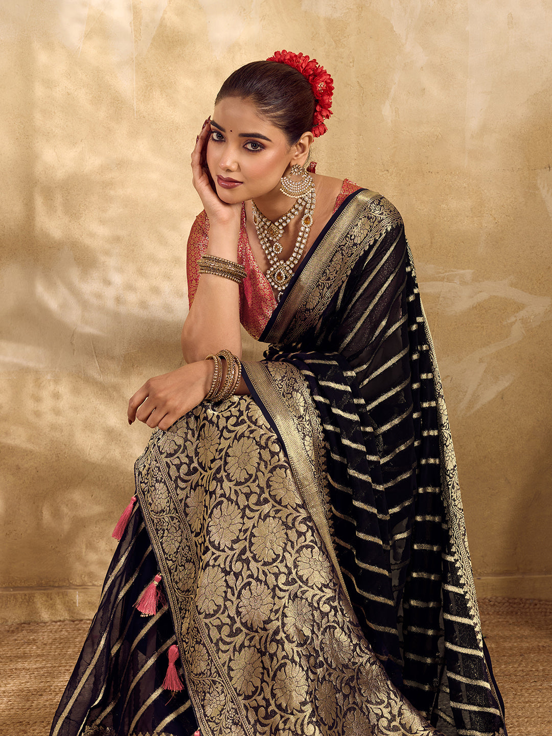Tanmira New Pure khaddi Georgette Banarasi Handloom Leheriya Zari Weaving Saree MAHA