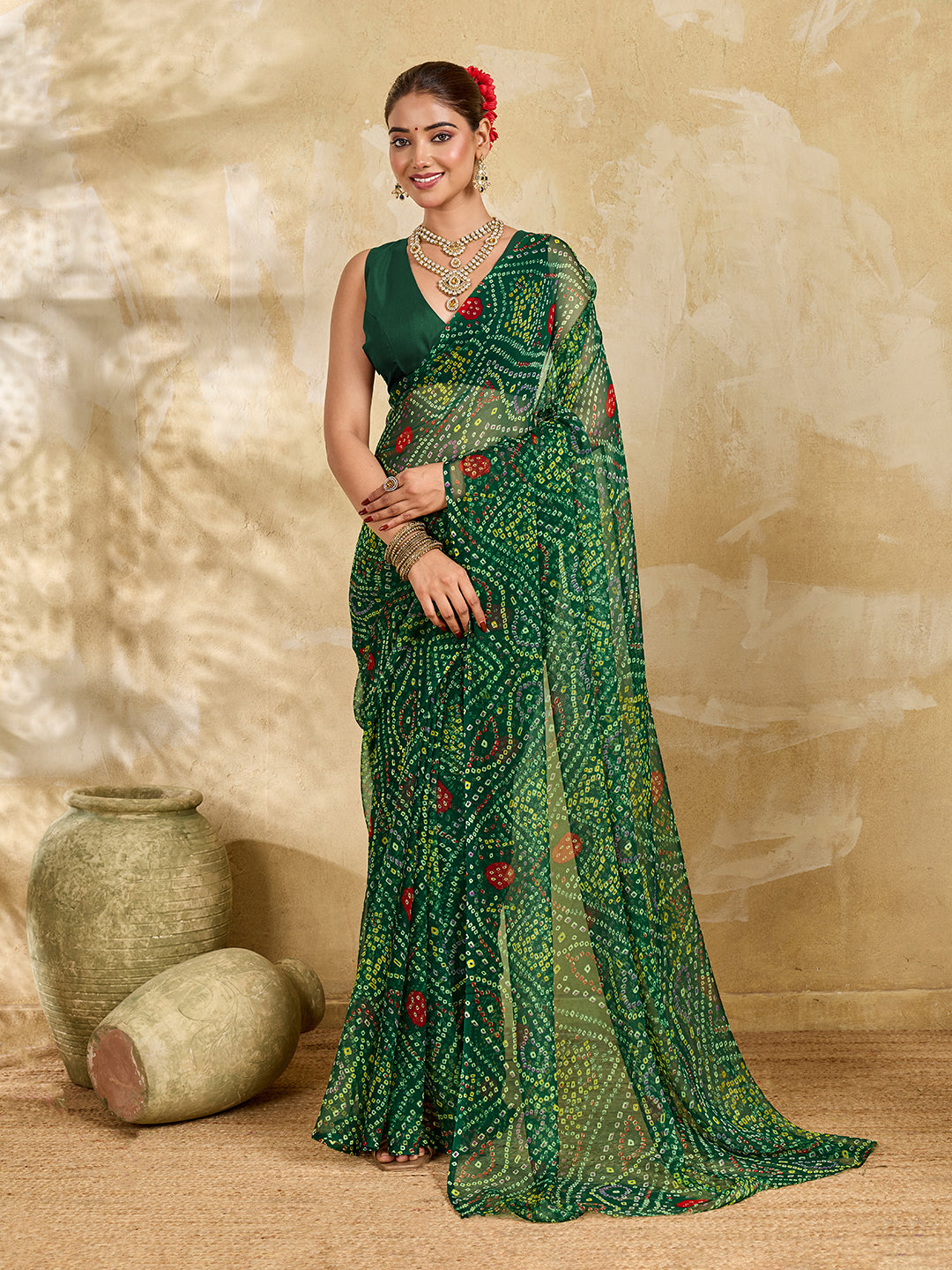 Tanmira Rajwadi Style Royal Georgette Bandhani Sarees Bottle Green