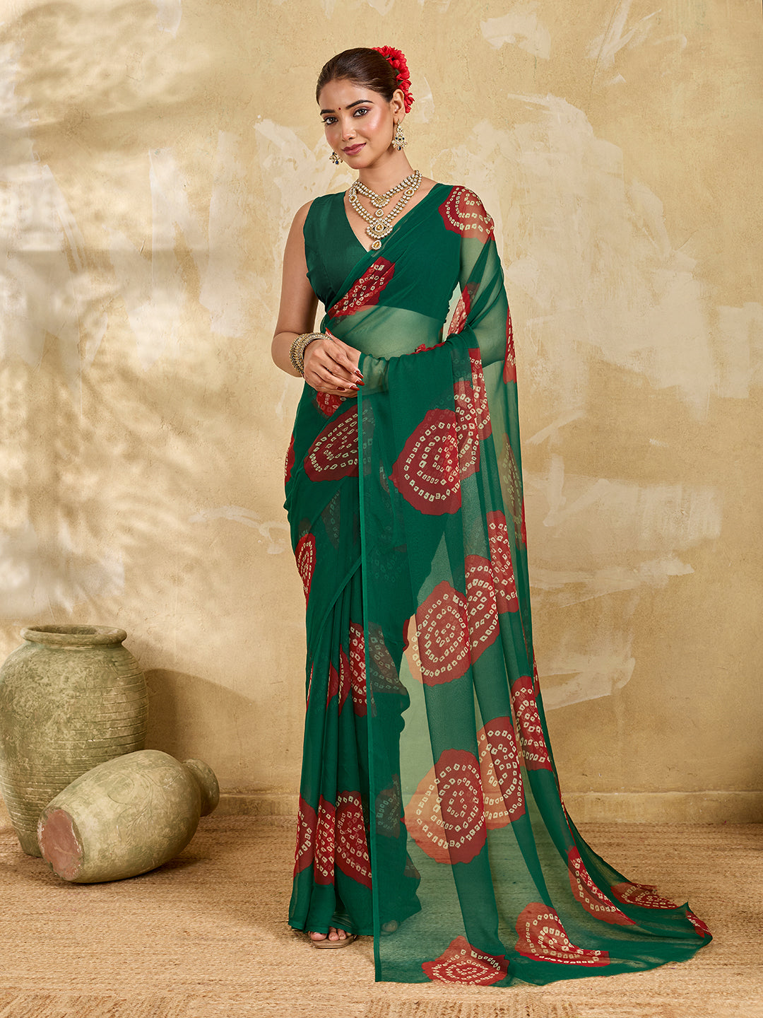Tanmira Summer Special Rajasthani Royal Georgette Bandhani Sarees Bottle Green