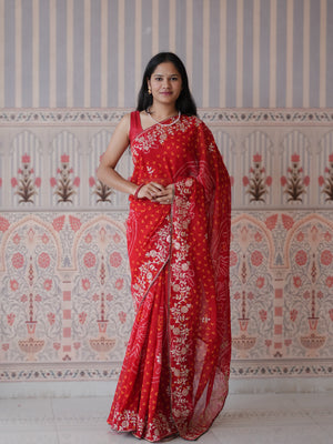 Buy New Bandhani Style Saree with Thread Embroidery Work Tanmira image 1