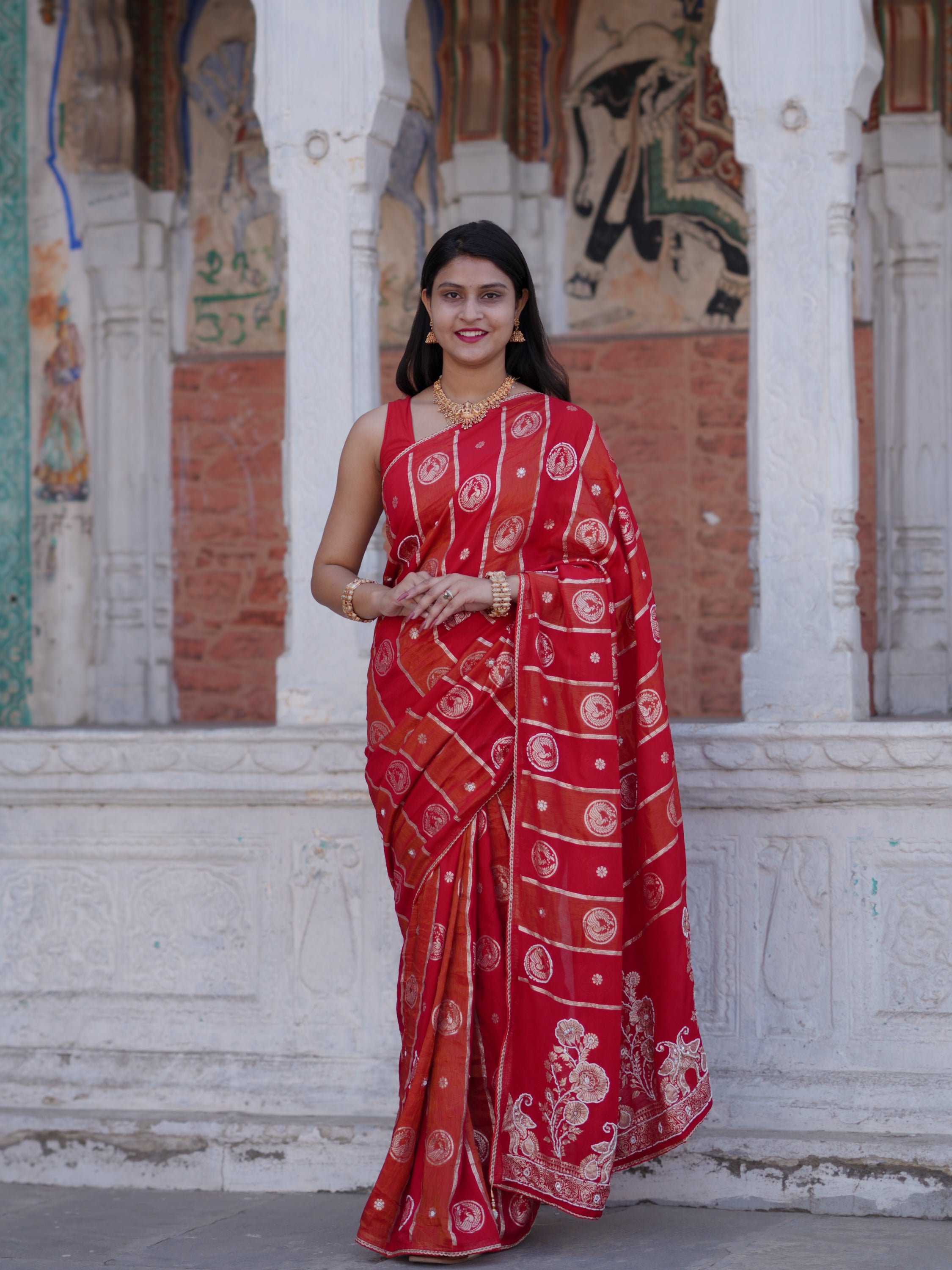 Buy Traditional Banarasi Style Saree With Elegant White Cutdana Work Tanmira image 1