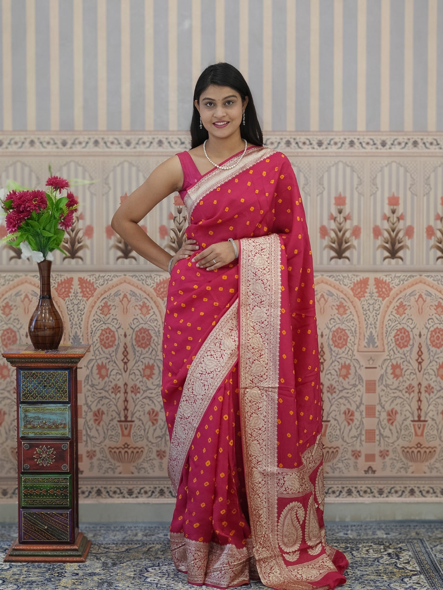 Buy Chinon Bandhani Style Saree Tanmira