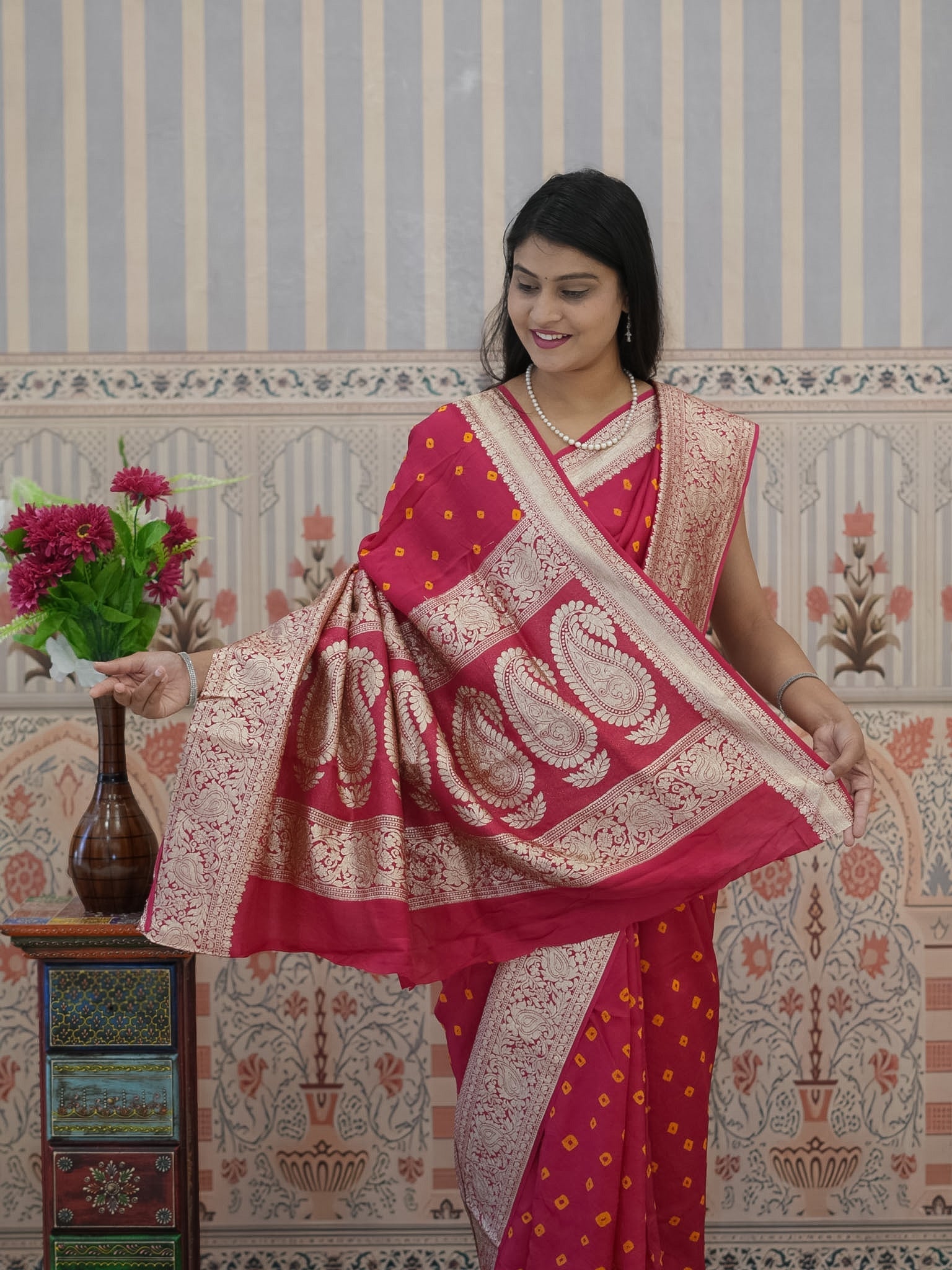 Buy Chinon Bandhani Style Saree Tanmira