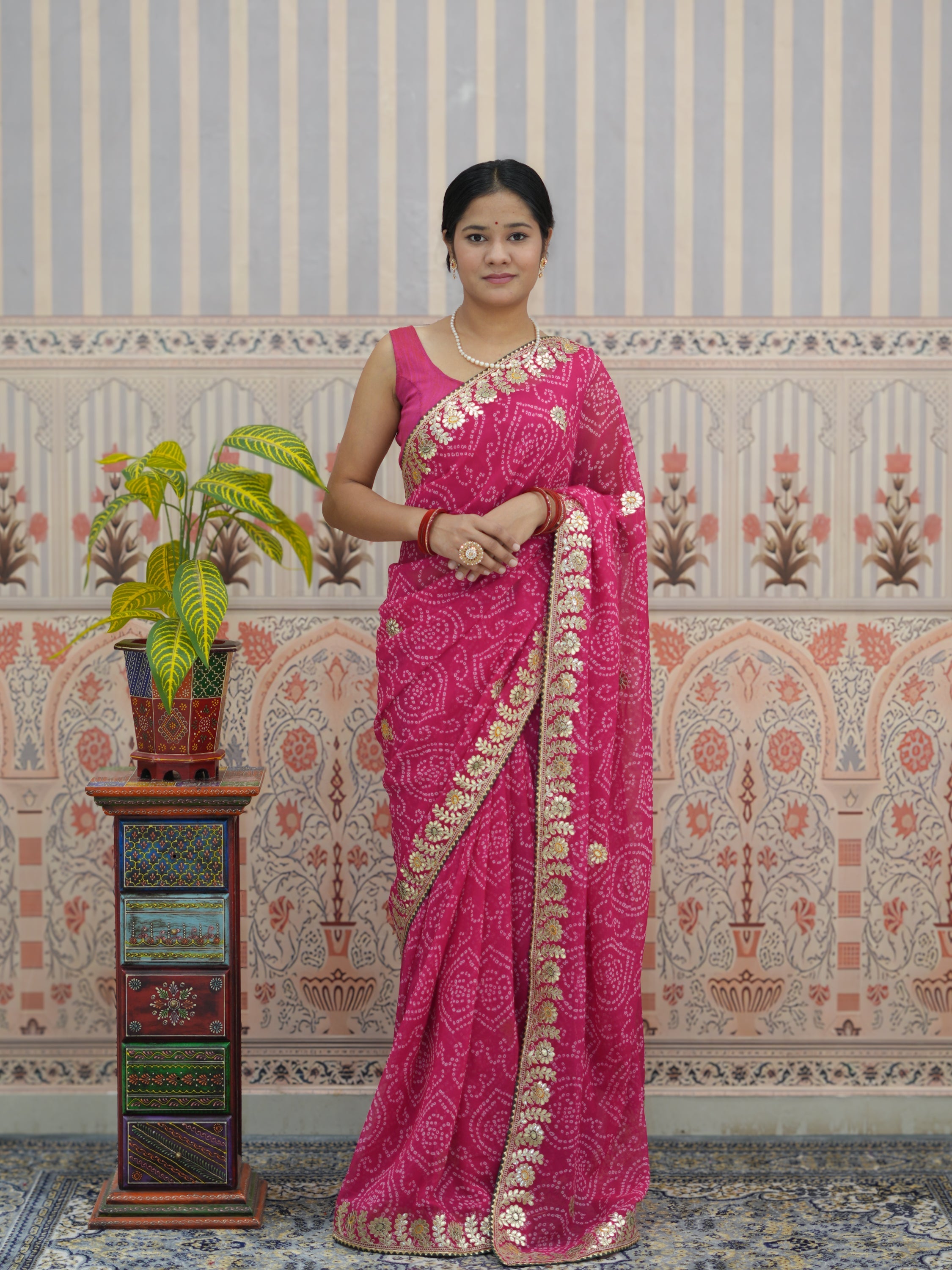 Buy Designer Georgette Bandhani Saree with Gota Patti Work Tanmira