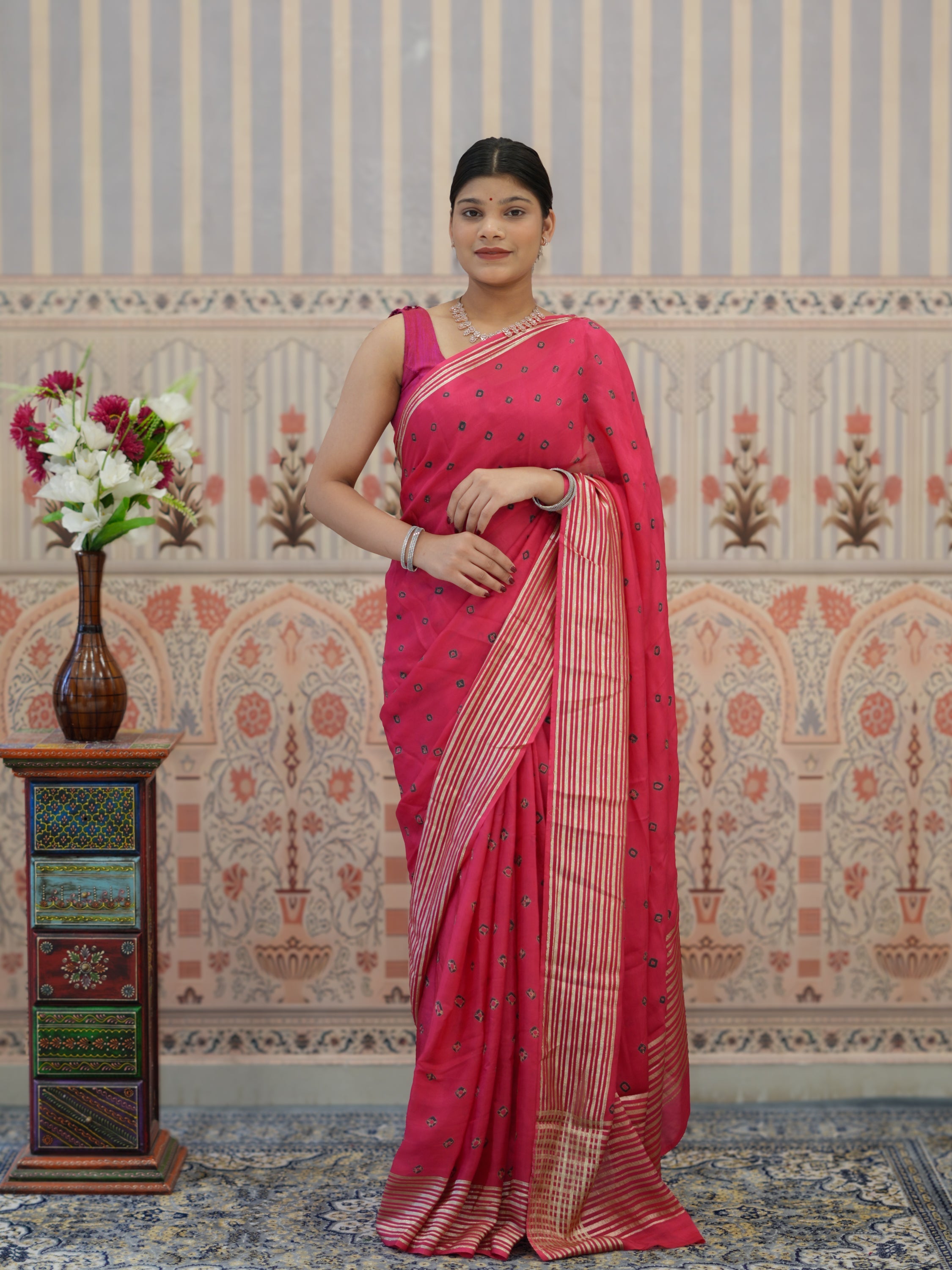 Buy Chinon Silk With Bandhani Saree Tanmira