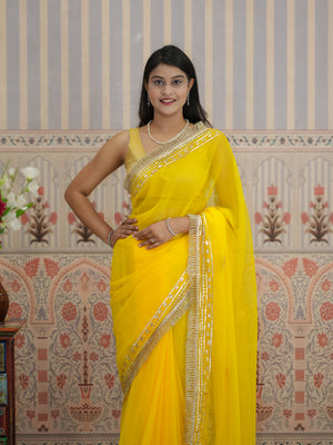 Buy Festive Wear Pure Georgette Saree with Gota Patti work in yellow colour