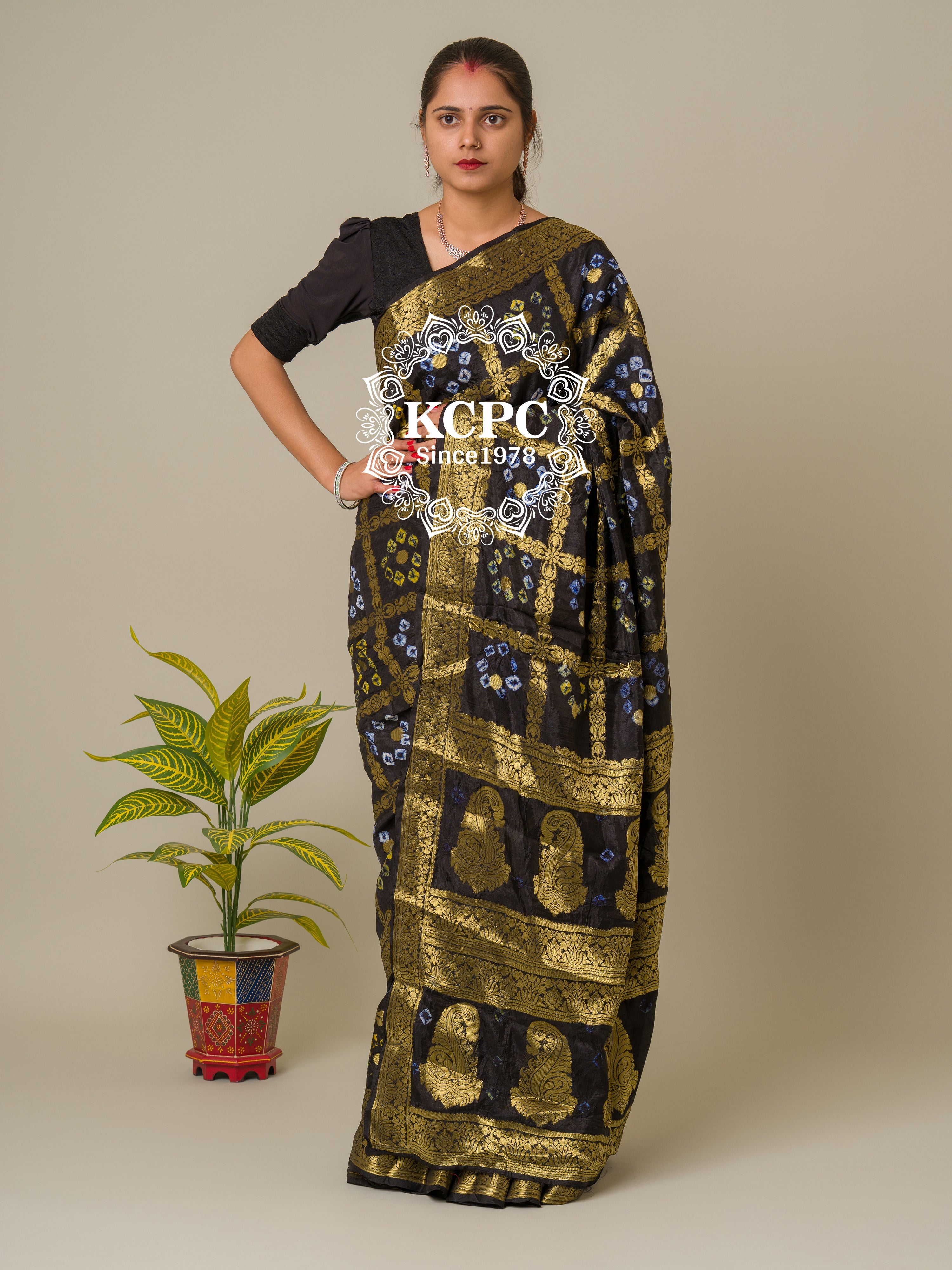 Tanmira Bandhej silk gharchola Single coin saree Black