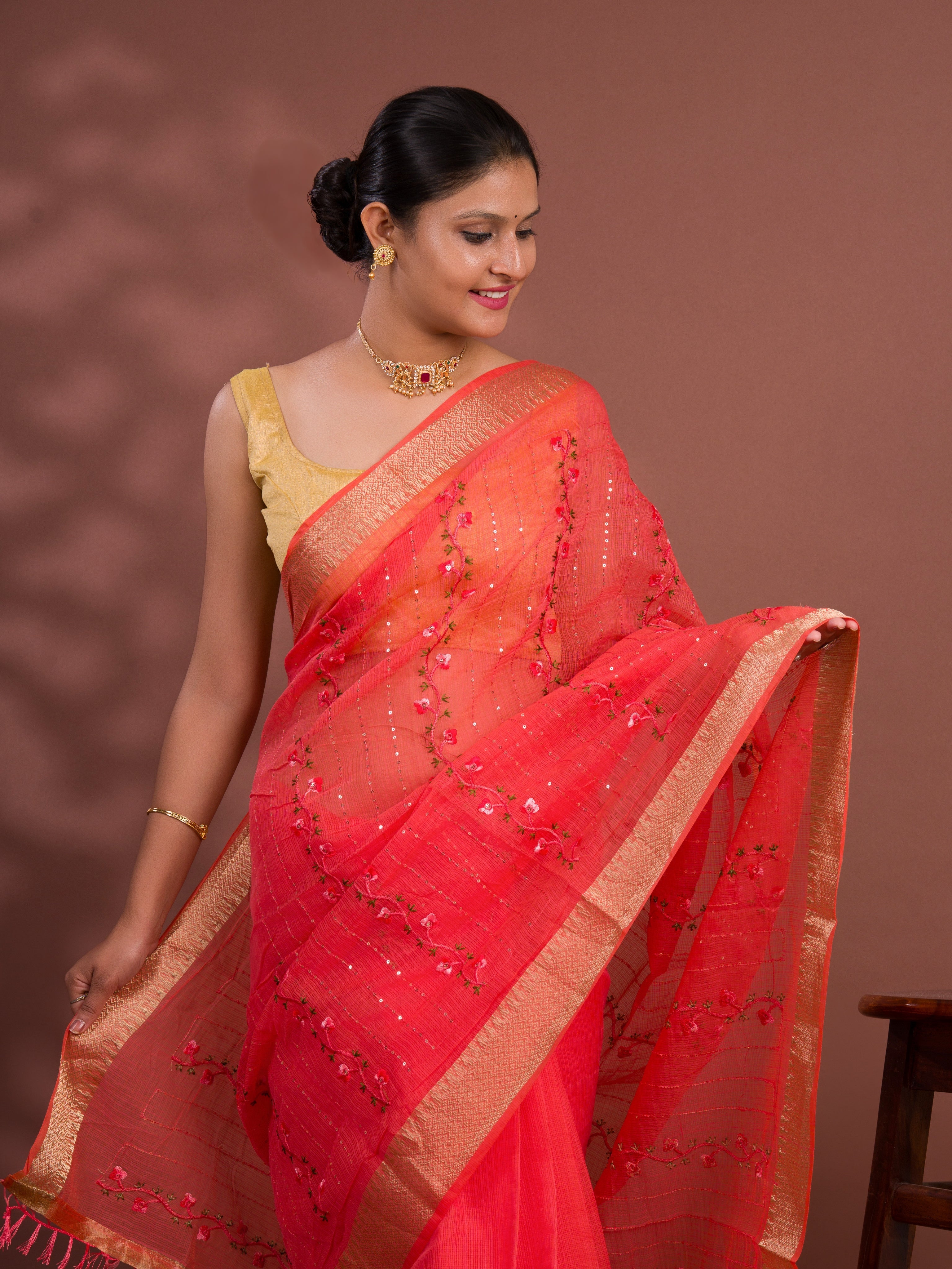 Tanmira Bikaneri Kota Doria Kashida Work Gotapatti Style Saree SNA Orange