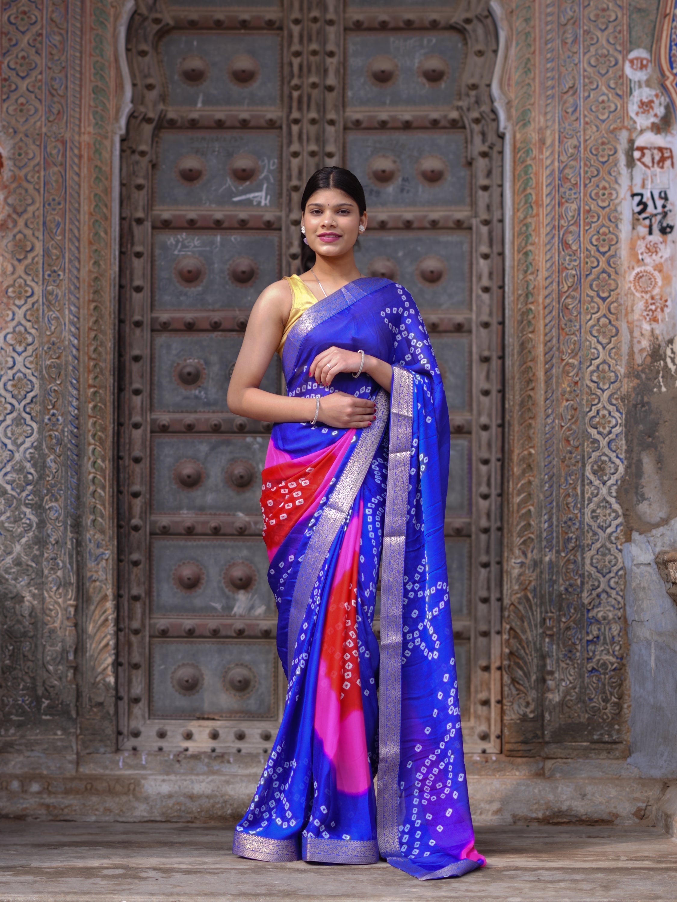 Tanmira New Classic Bandhani Style Moss Chiffon Georgette Saree with Rich Zari Border KDN
