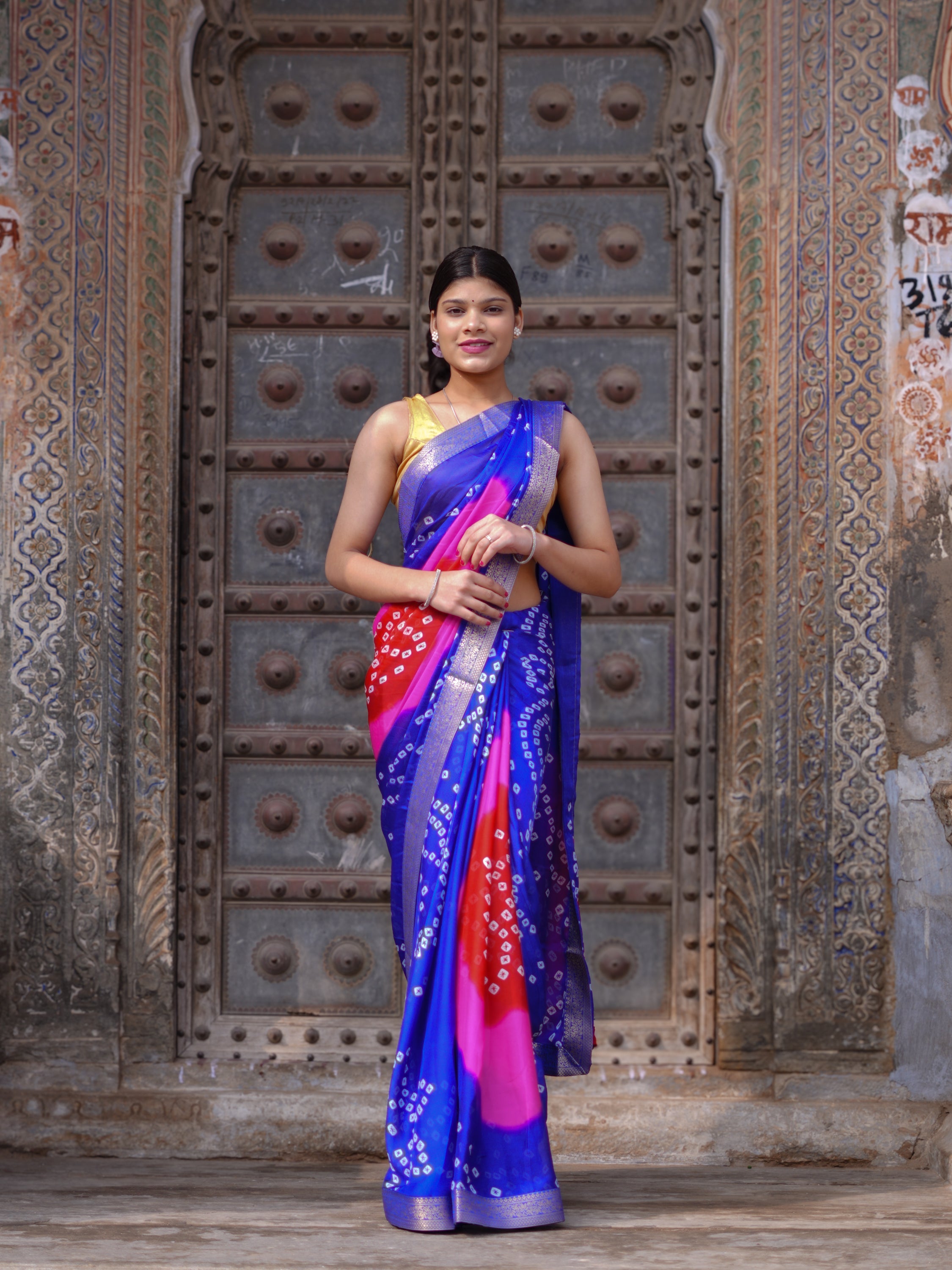 Tanmira New Classic Bandhani Style Moss Chiffon Georgette Saree with Rich Zari Border KDN