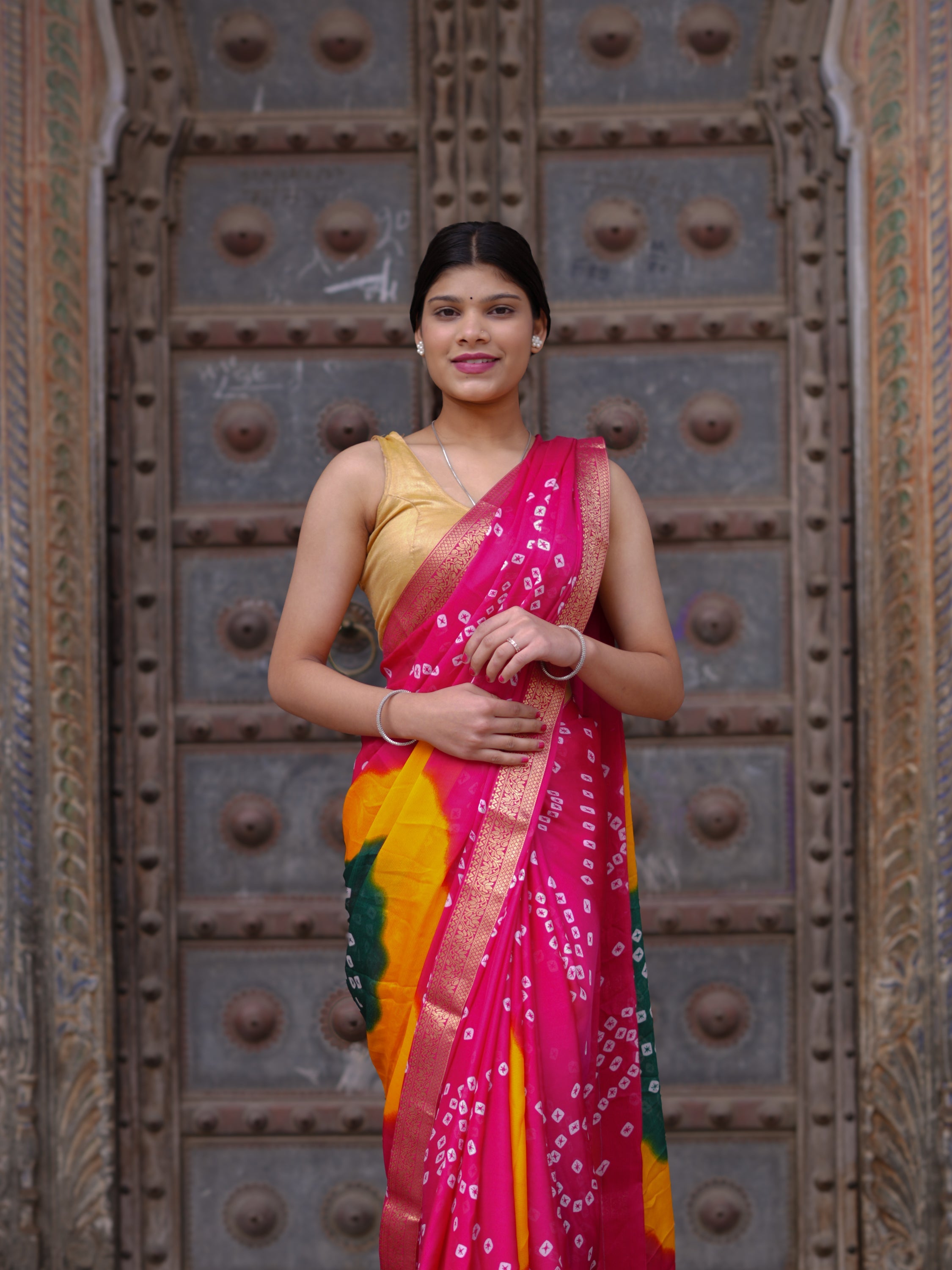 Tanmira New Graceful Bandhani Style Moss Chiffon Georgette Saree with Zari Border KDN