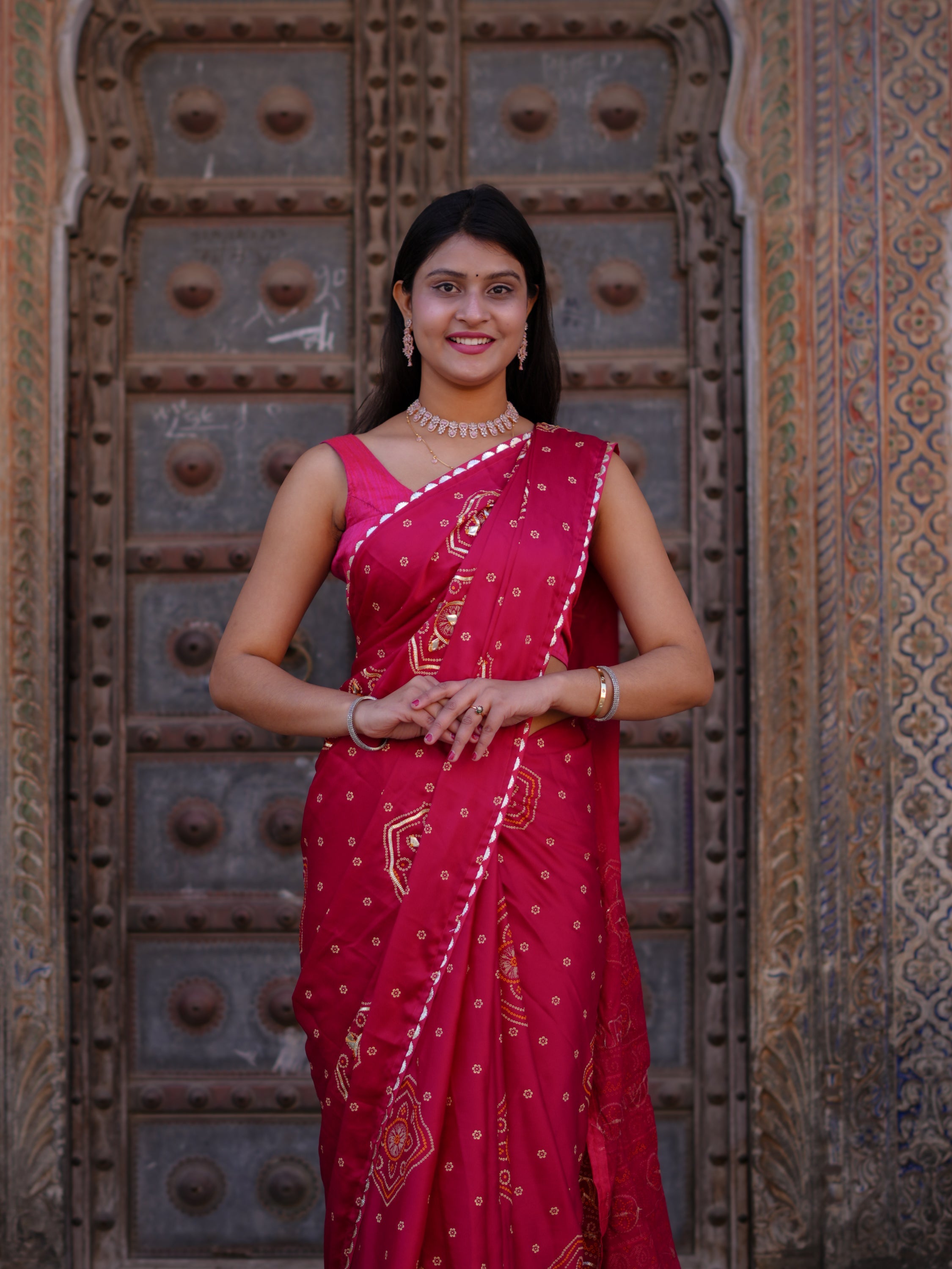 Tanmira New Classic Satan Silk Bandhani Saree with Elegant Gotapatti Work GAN