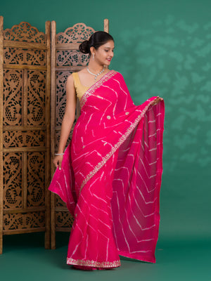 Chiffon Leheriya Style Wih Gotapatti Work Saree in pink colour