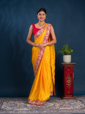 A yellow saree with red border Chinon Silk Bollywood Style With Sequence Gotapatti Work Saree