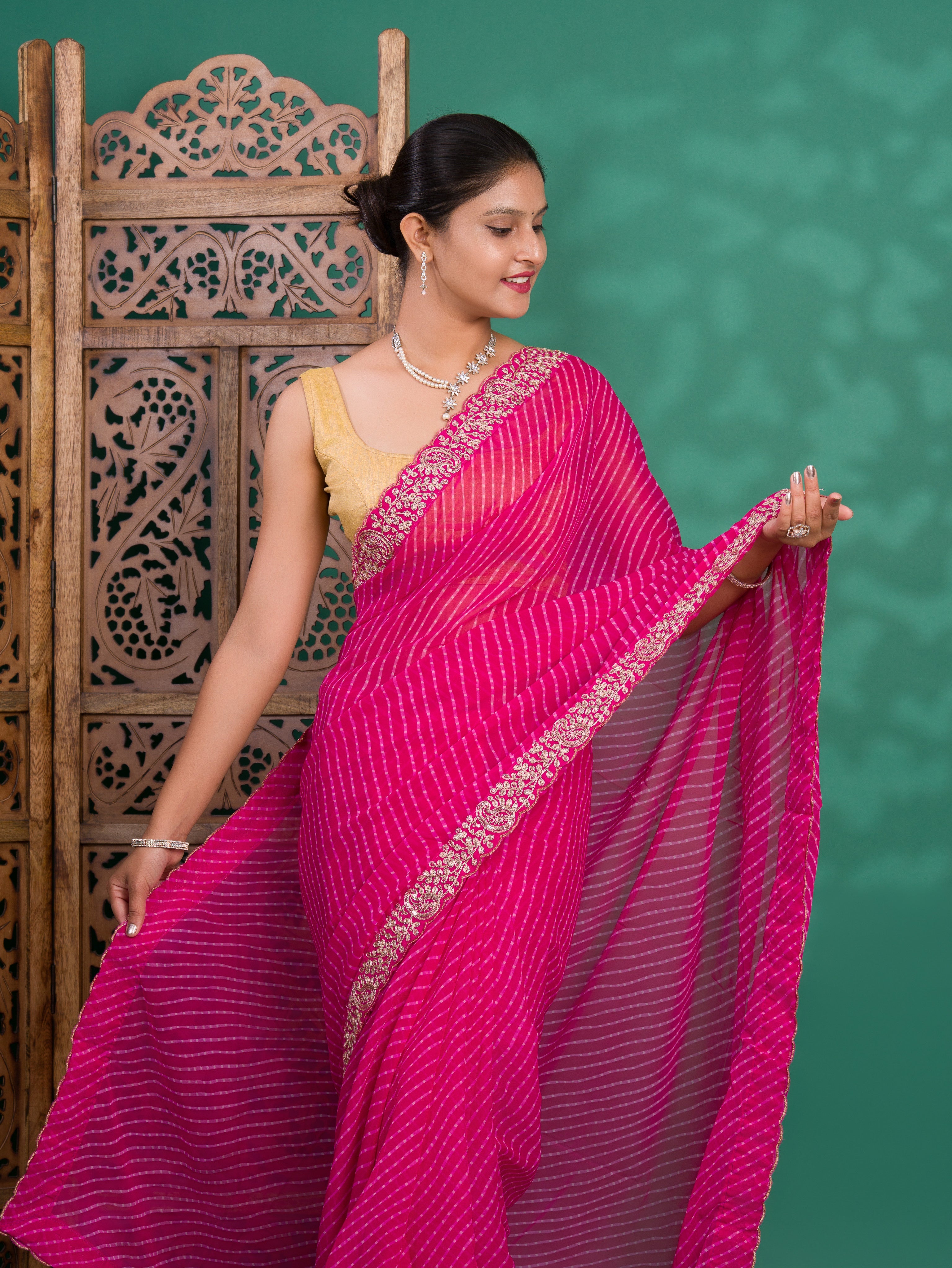 Tanmira New Launch Chiffon Leheriya Style With Embroidery Border Work Saree STL