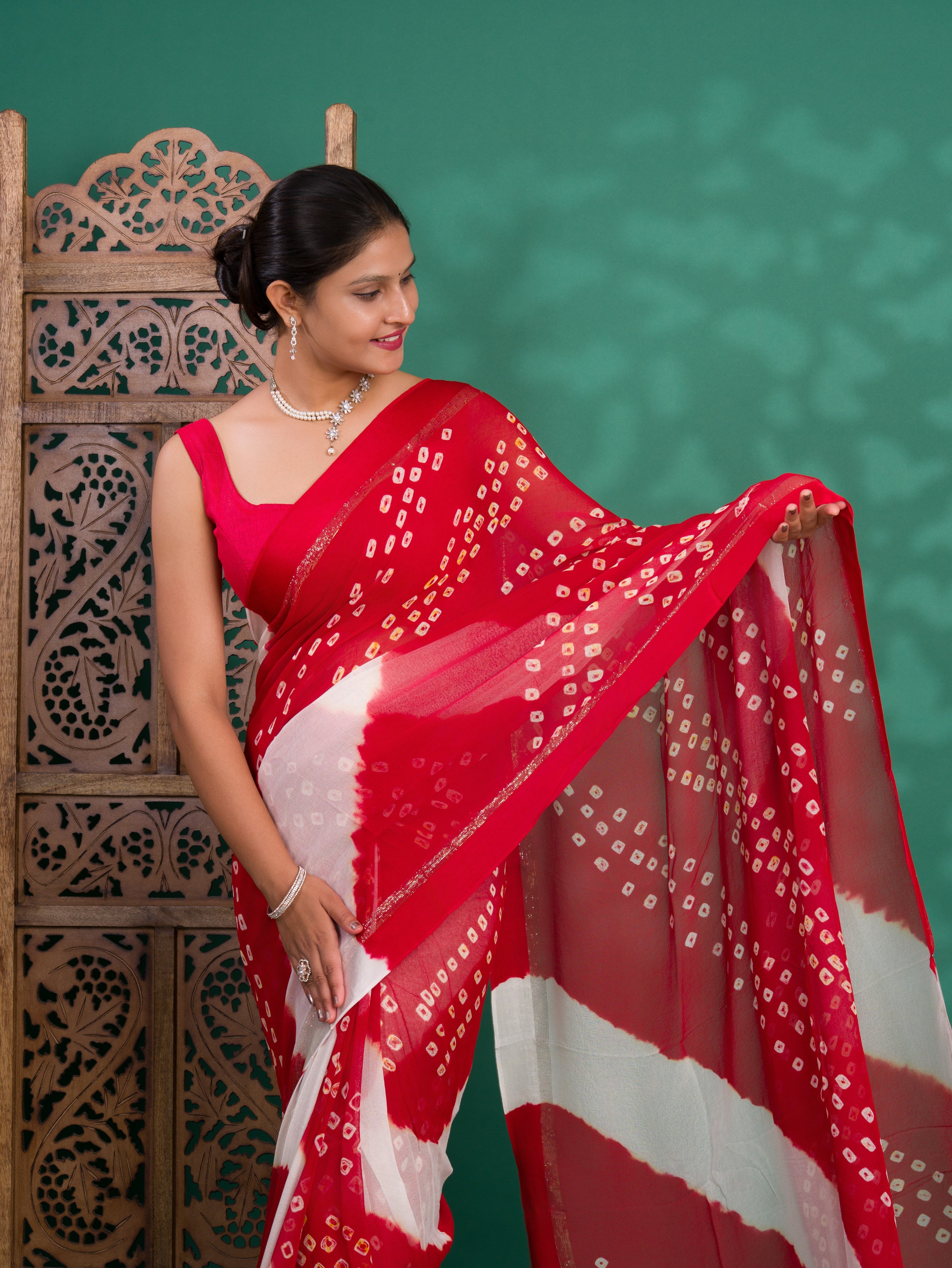 Tanmira New Pure Georgette Multi Colour Satin Patta Border Bandhni saree LAL