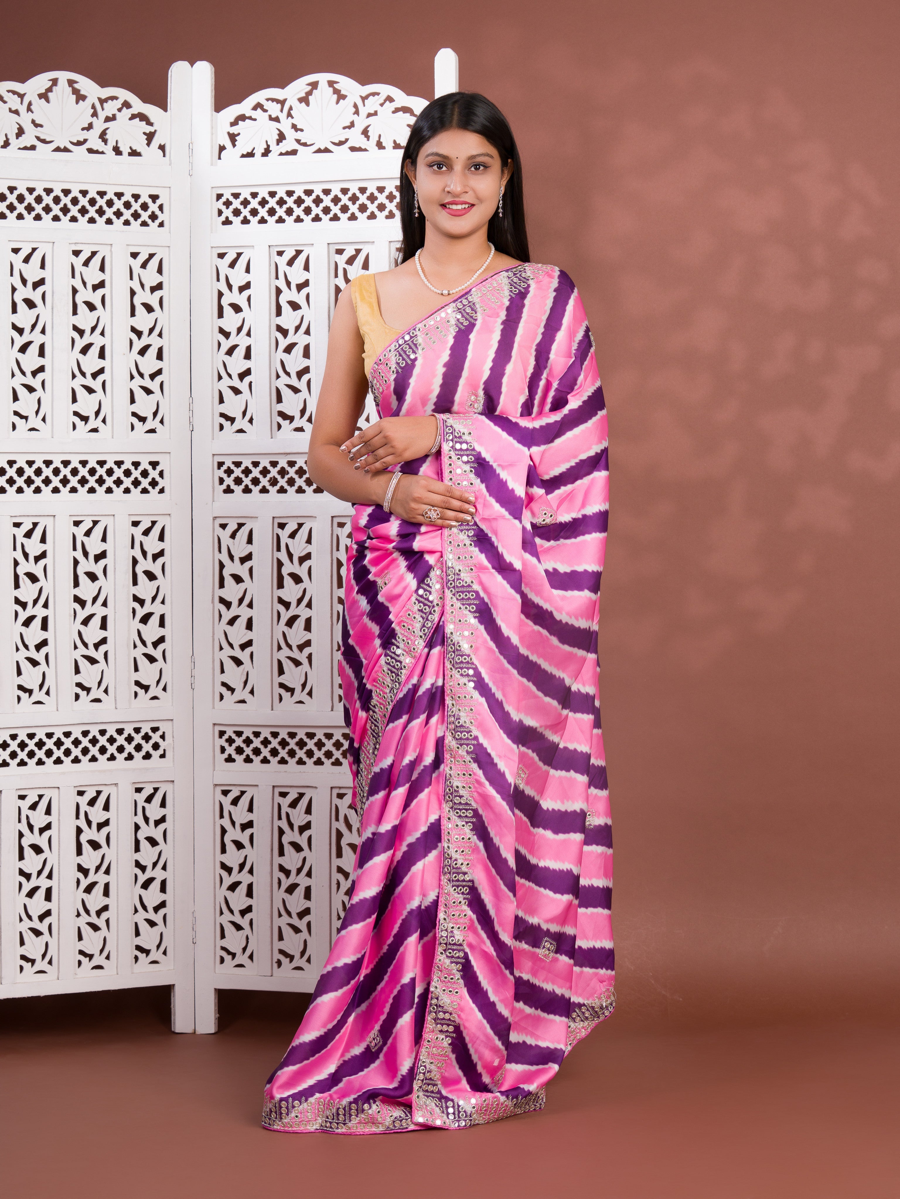 Tanmira Traditional H O Silk Leheriya Saree with Shimmering Mirror embroidery Work GAN