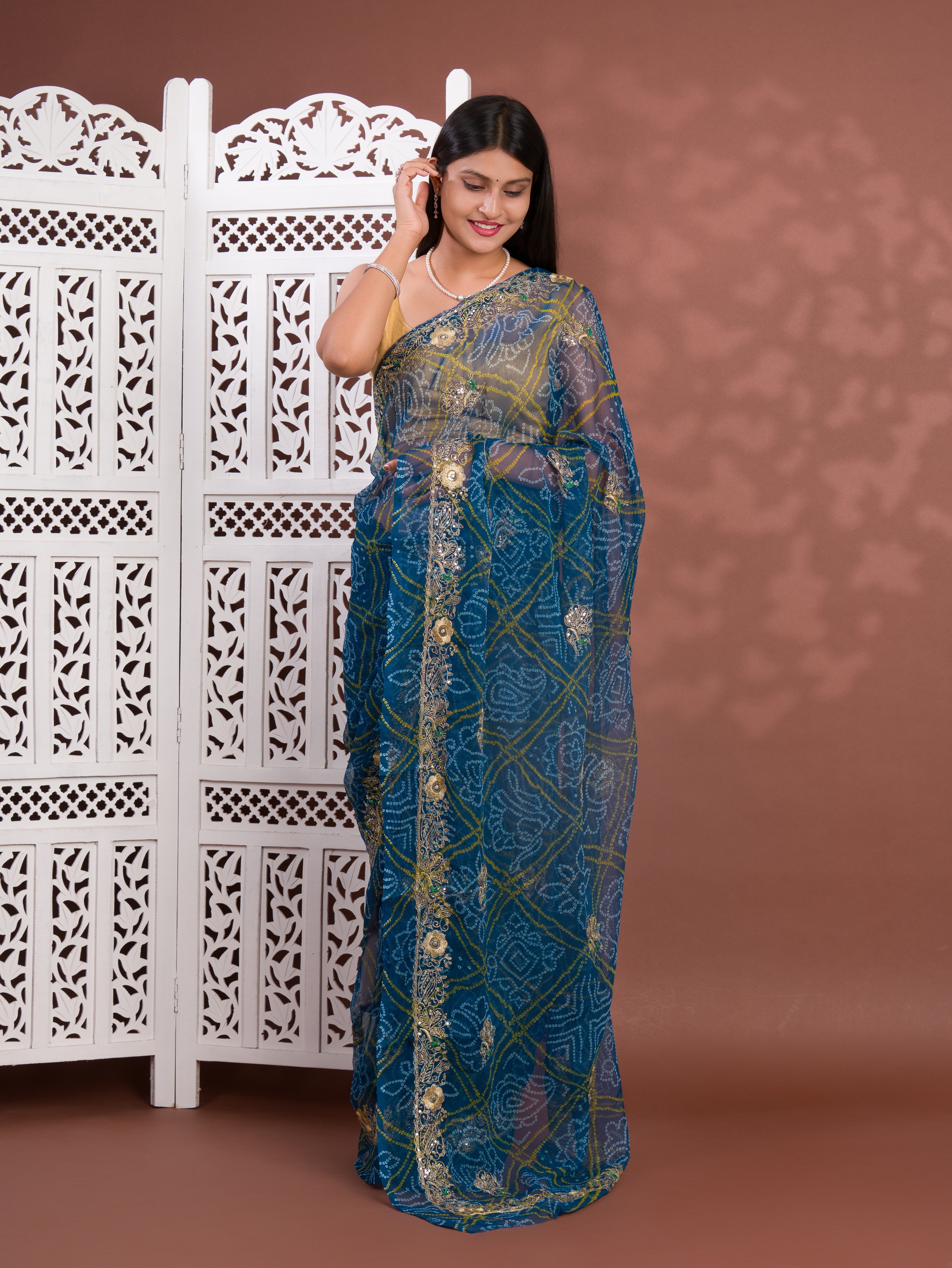 Tanmira New Royal Bandhani Georgette Saree With Golden Embellishments Work JAY