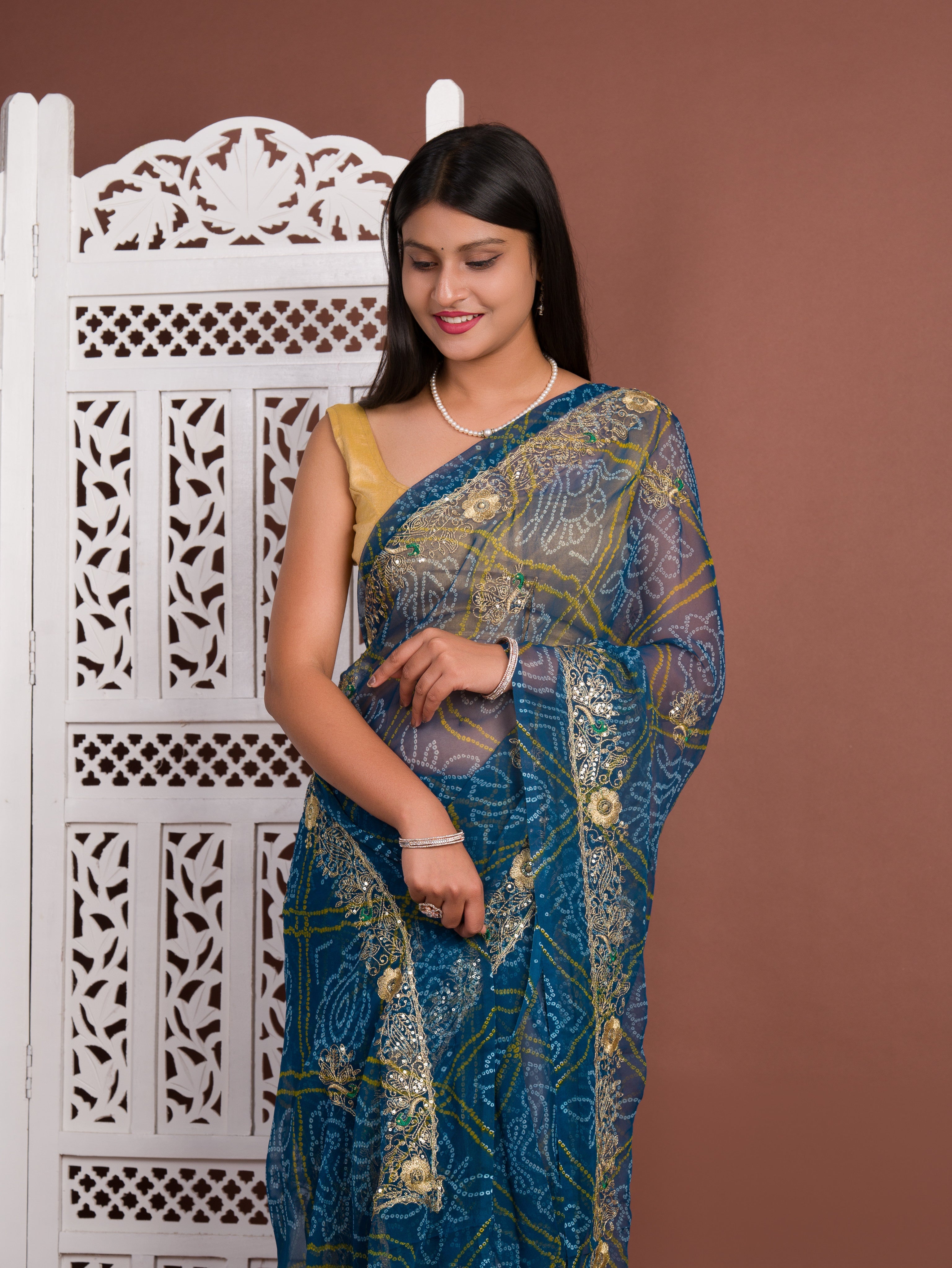 Tanmira New Royal Bandhani Georgette Saree With Golden Embellishments Work JAY