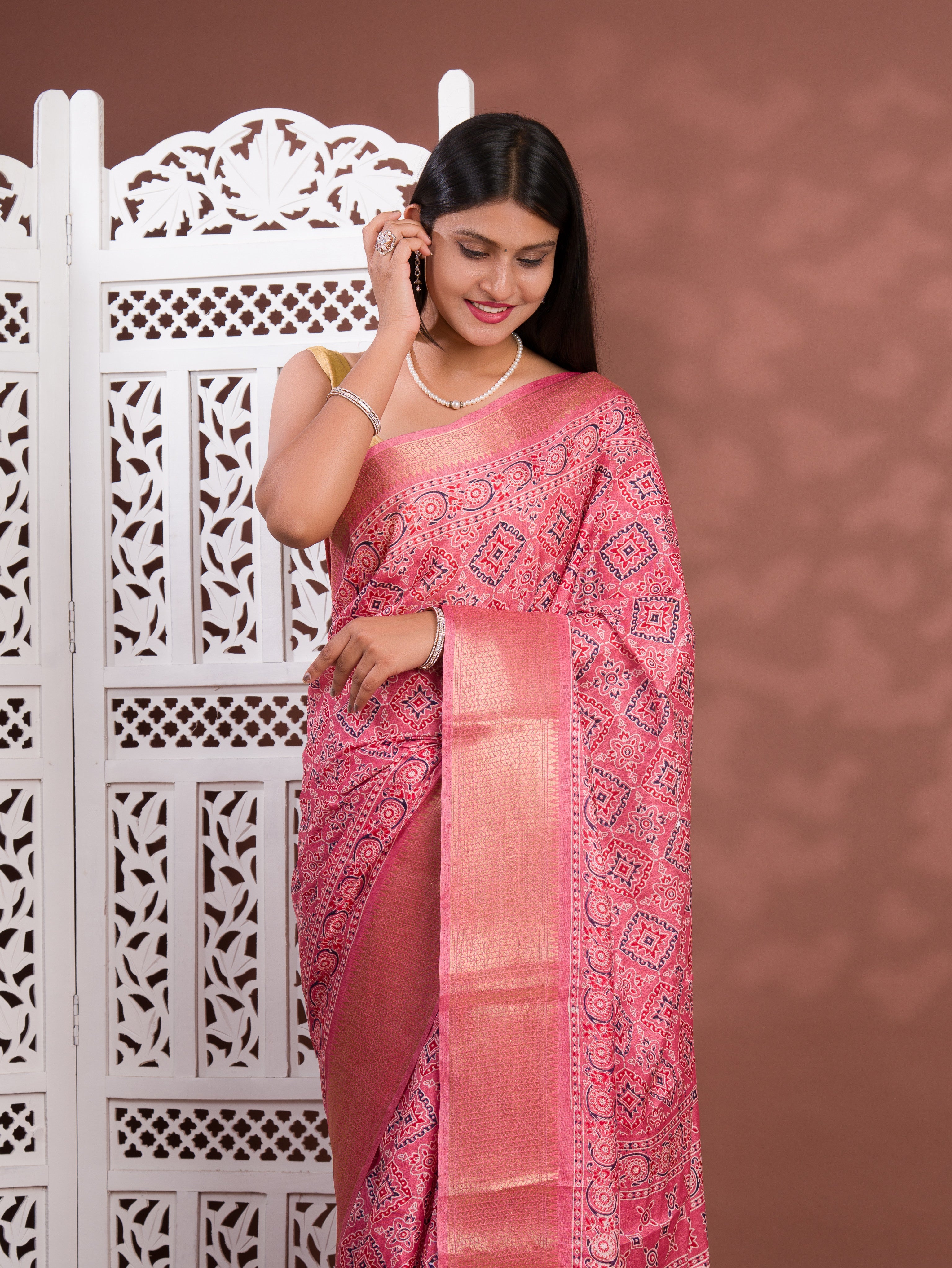 Tanmira New Beautiful Cotton silk Ajrakh style With Ajrakh HandPrint Work Saree STL