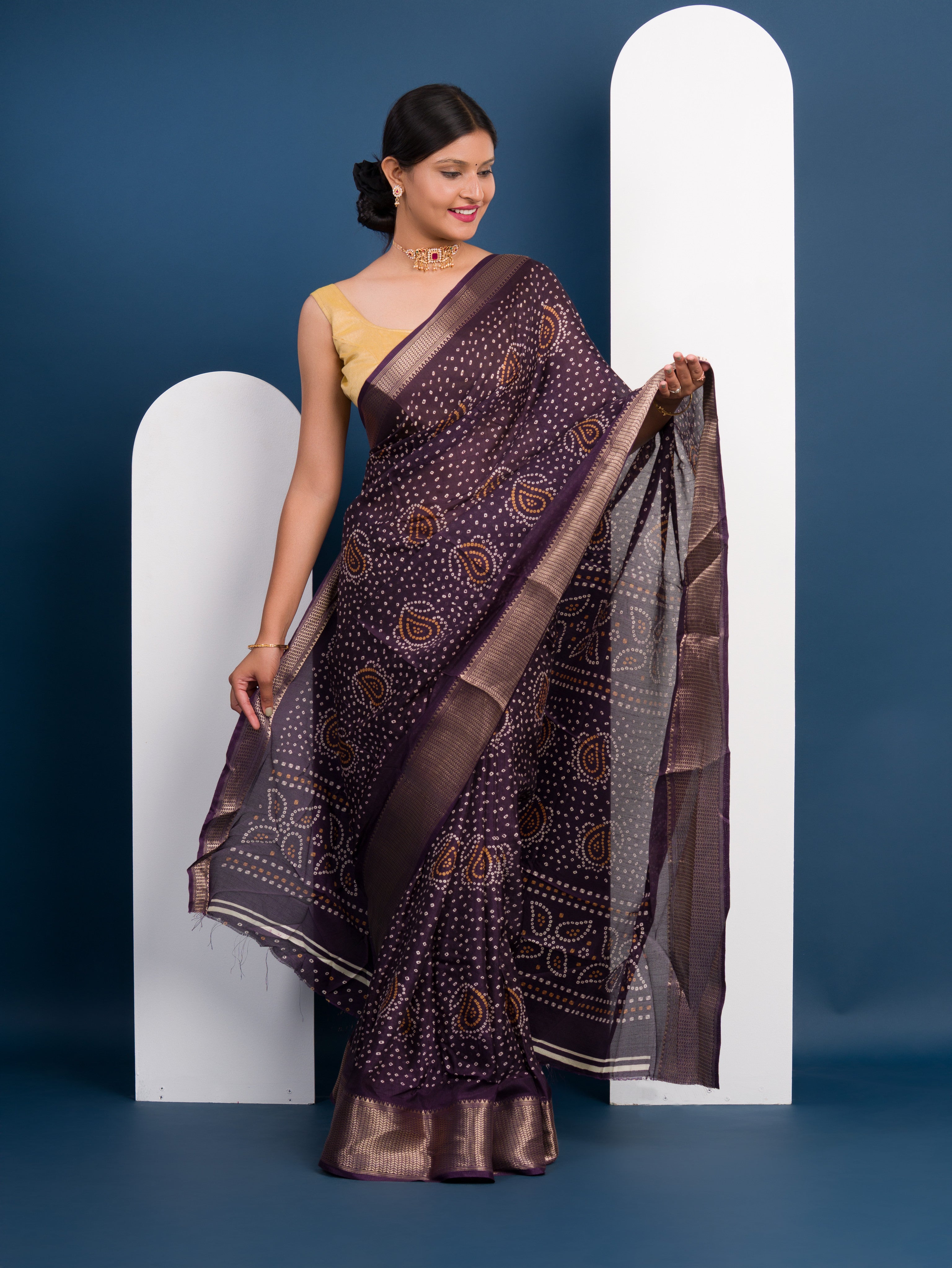 Tanmira New Launch Cotton silk Ajrakh style With Ajrakh HandPrint Work Saree STL