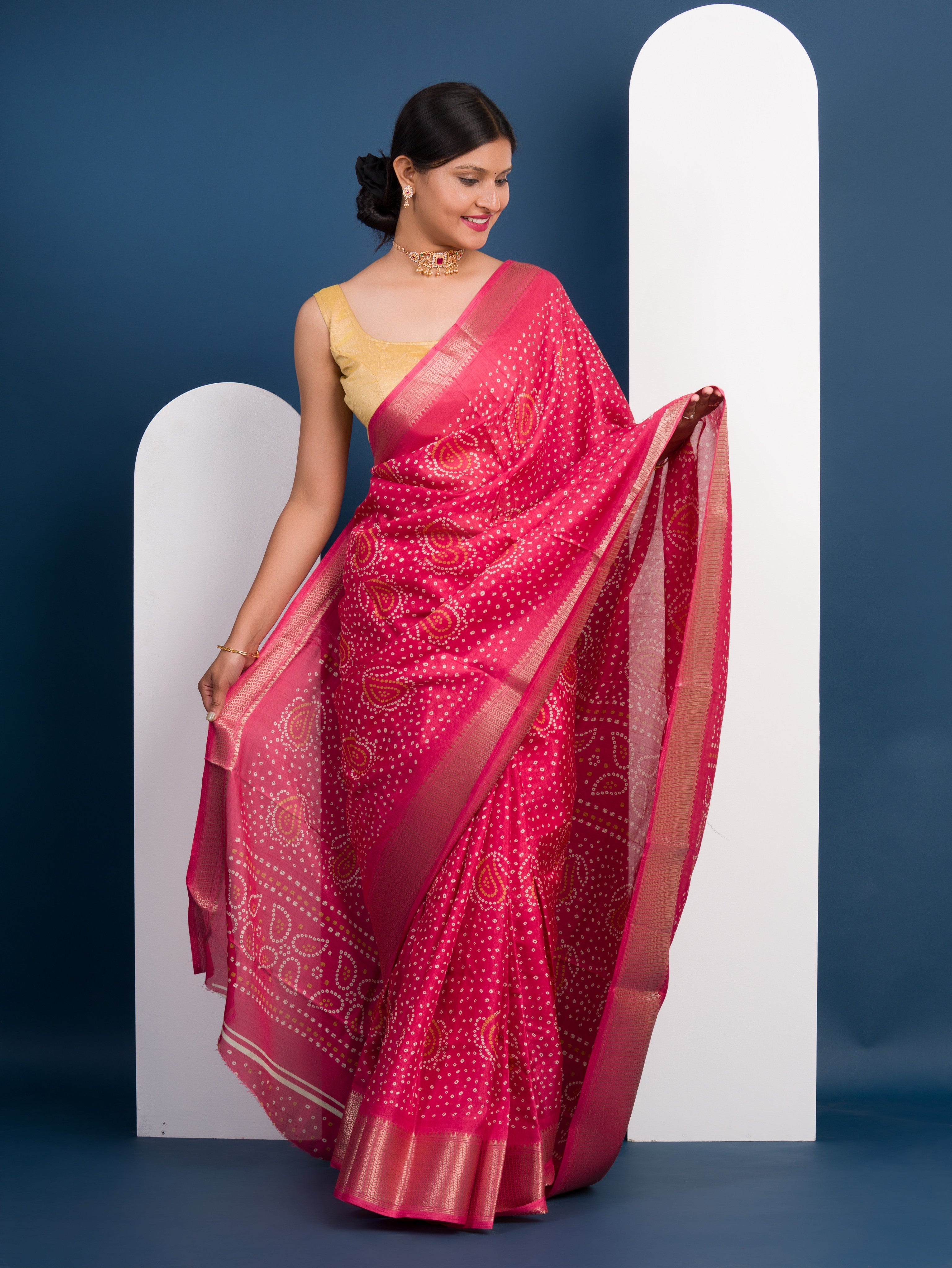 Cotton silk Ajrakh style Saree in peach colour