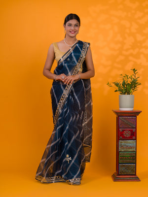 Blue saree with gold borde Organza Leheriya Style With Gotapatti Work