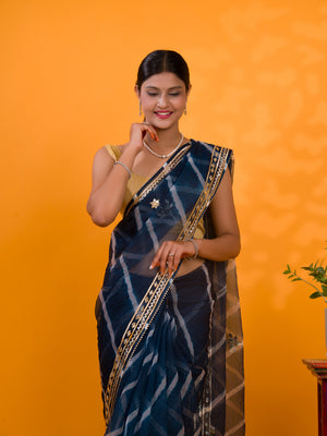 Blue saree with gold borde Organza Leheriya Style With Gotapatti Work