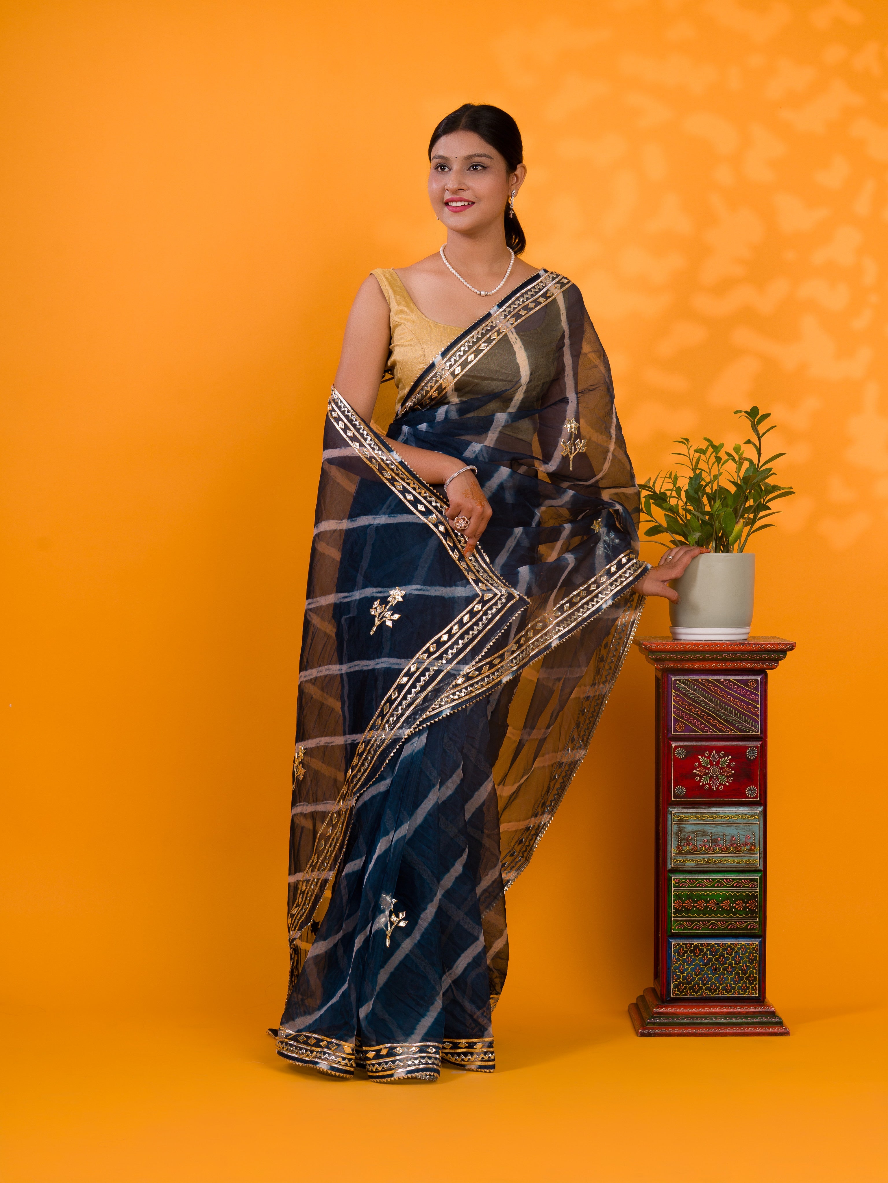 Blue saree with gold borde Organza Leheriya Style With Gotapatti Work