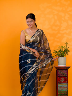 Blue saree with gold borde Organza Leheriya Style With Gotapatti Work