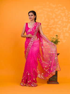 Pink saree with gold patterns Chiffon Bandhani Style With Gotapatti Work Saree