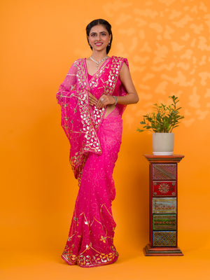 Pink saree with gold patterns Chiffon Bandhani Style With Gotapatti Work Saree