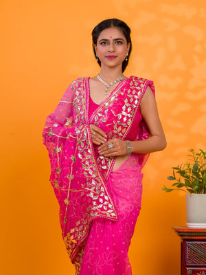 Pink saree with gold patterns Chiffon Bandhani Style With Gotapatti Work Saree