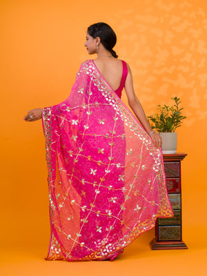 Pink saree with gold patterns Chiffon Bandhani Style With Gotapatti Work Saree